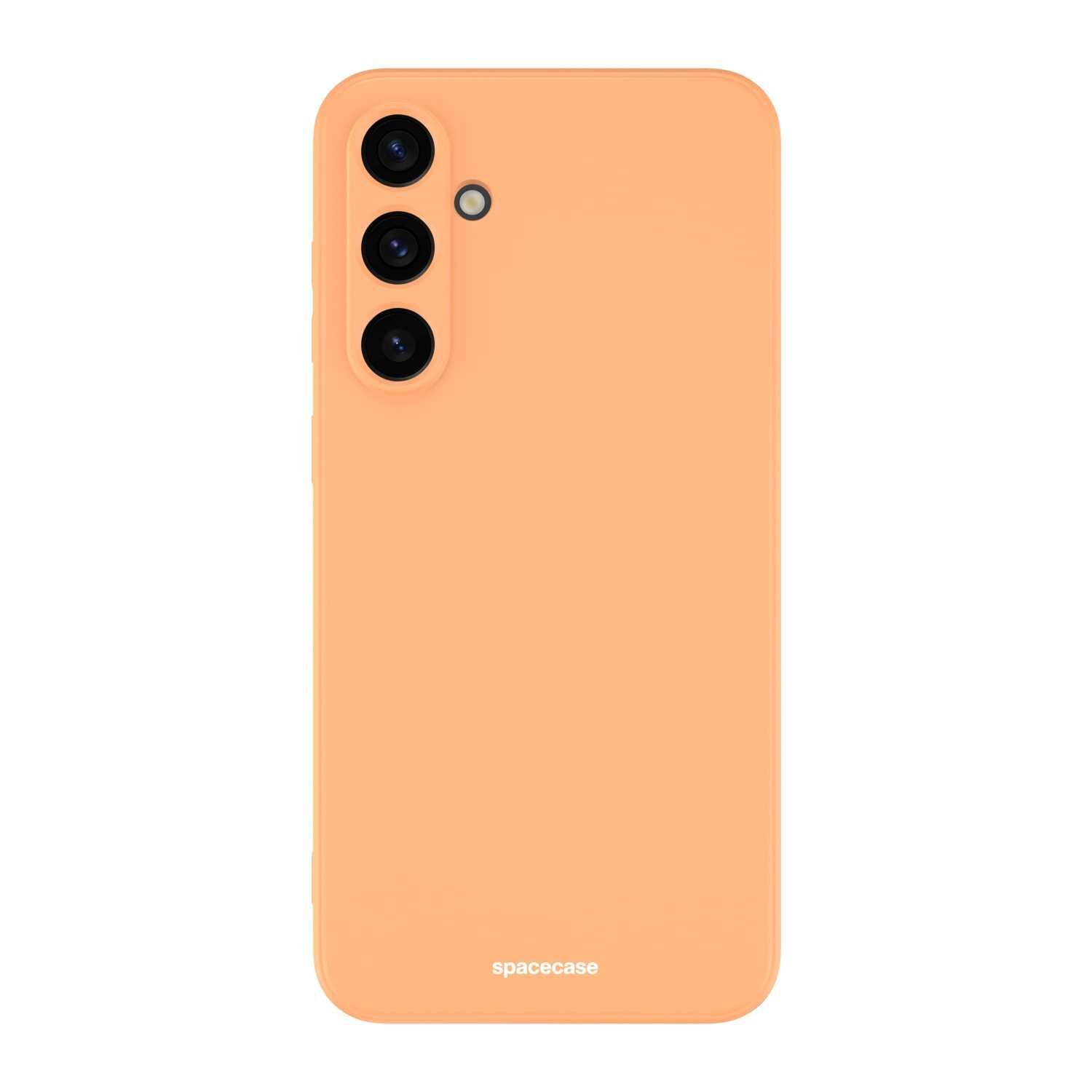Pomarańczowe silikonowe etui z trzema otworami na aparaty i jednym na lampę błyskową. Na dole widoczny jest napis \'spacecase\'.