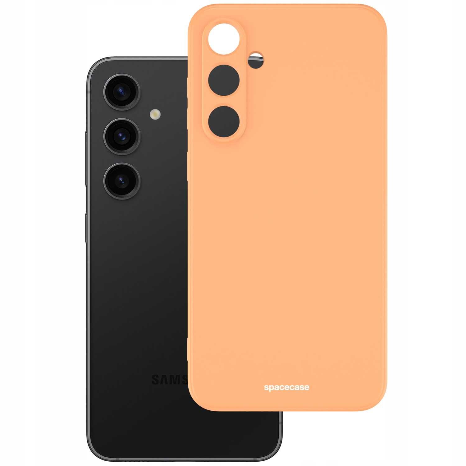 Na obrazie widoczne jest pomarańczowe silikonowe etui z trzema otworami na aparaty oraz napisem \'spacecase\' na dole. Obok znajduje się czarny telefon z trzema obiektywami aparatu i logo \'Samsung\'.