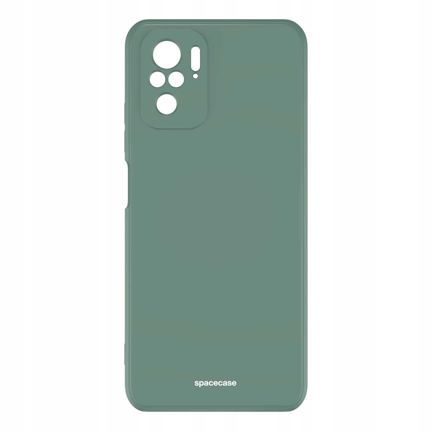 Zielone silikonowe etui z wycięciami na aparat i logo \'spacecase\' na dole.