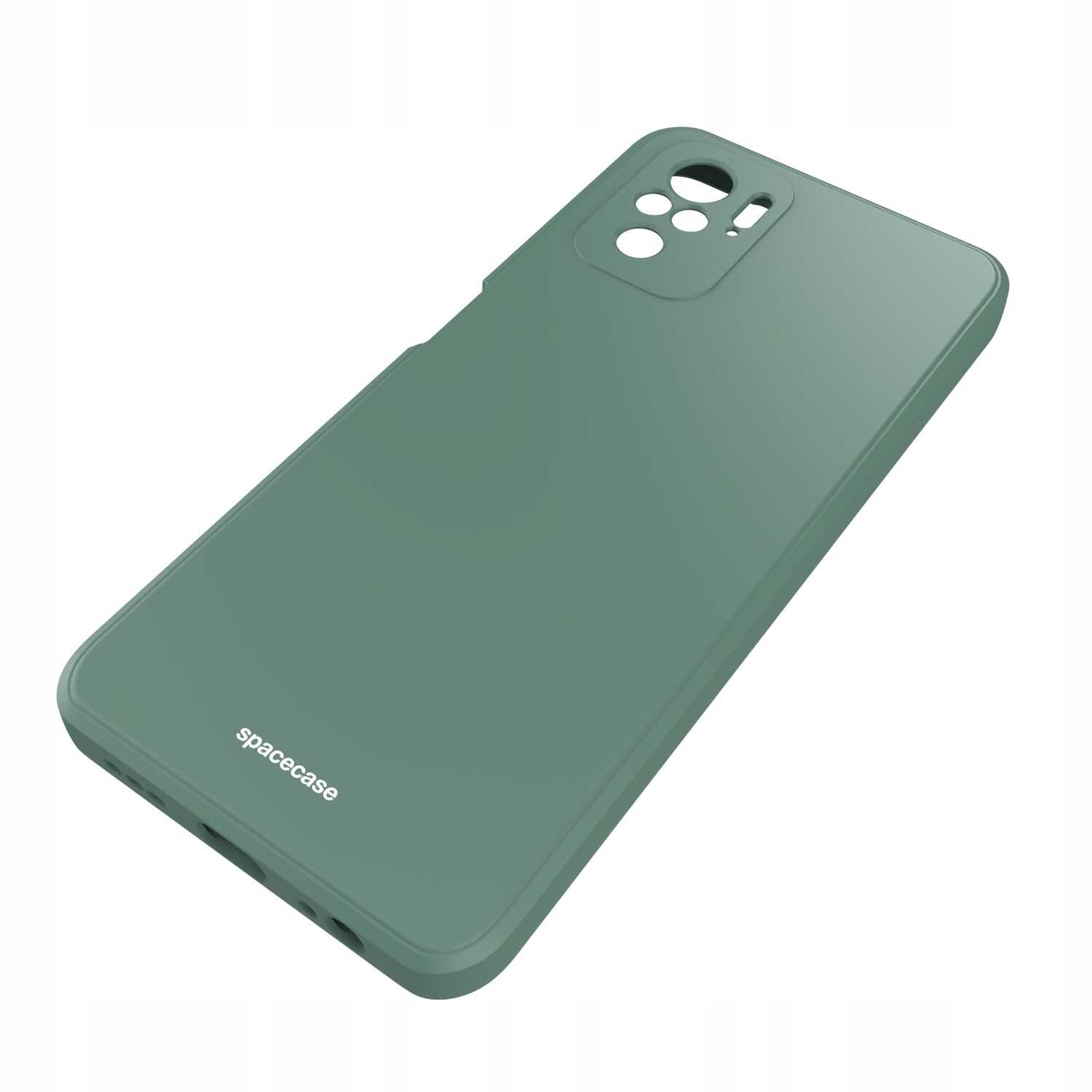 Zielone silikonowe etui z wycięciami na aparat i logo \'spacecase\' na dole.