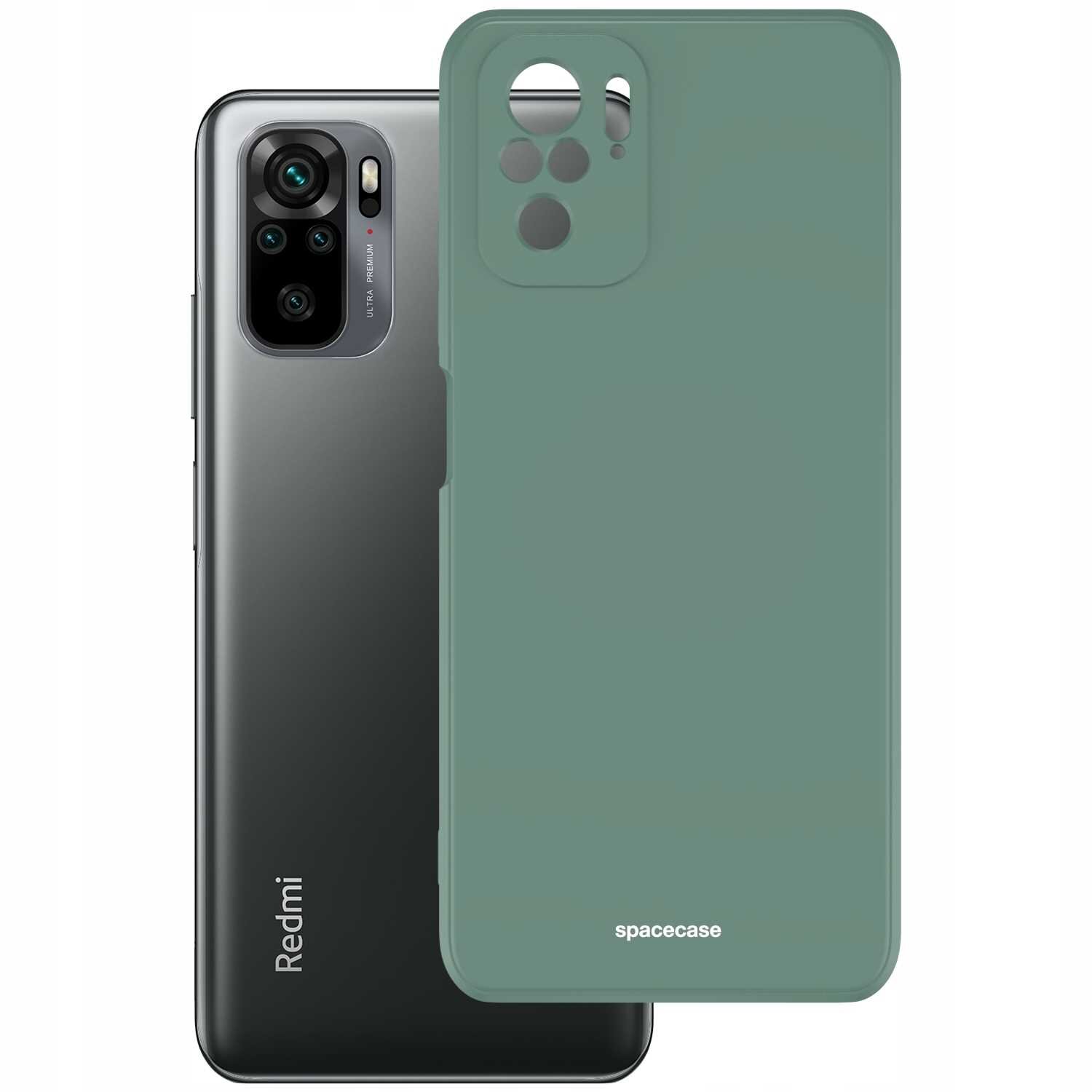 Obraz przedstawia zielone silikonowe etui SPACECASE z wycięciami na aparat, umieszczone obok smartfona z logo Redmi. Na etui widoczny jest napis \'spacecase\'.