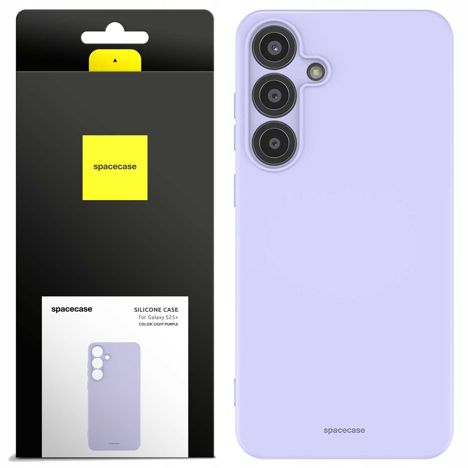 Obraz przedstawia fioletowe silikonowe etui na telefon z trzema otworami na aparaty. Obok znajduje się opakowanie z logo \'spacecase\' i napisem \'SILICONE CASE for Galaxy S25+ COLOR: LIGHT PURPLE\'.