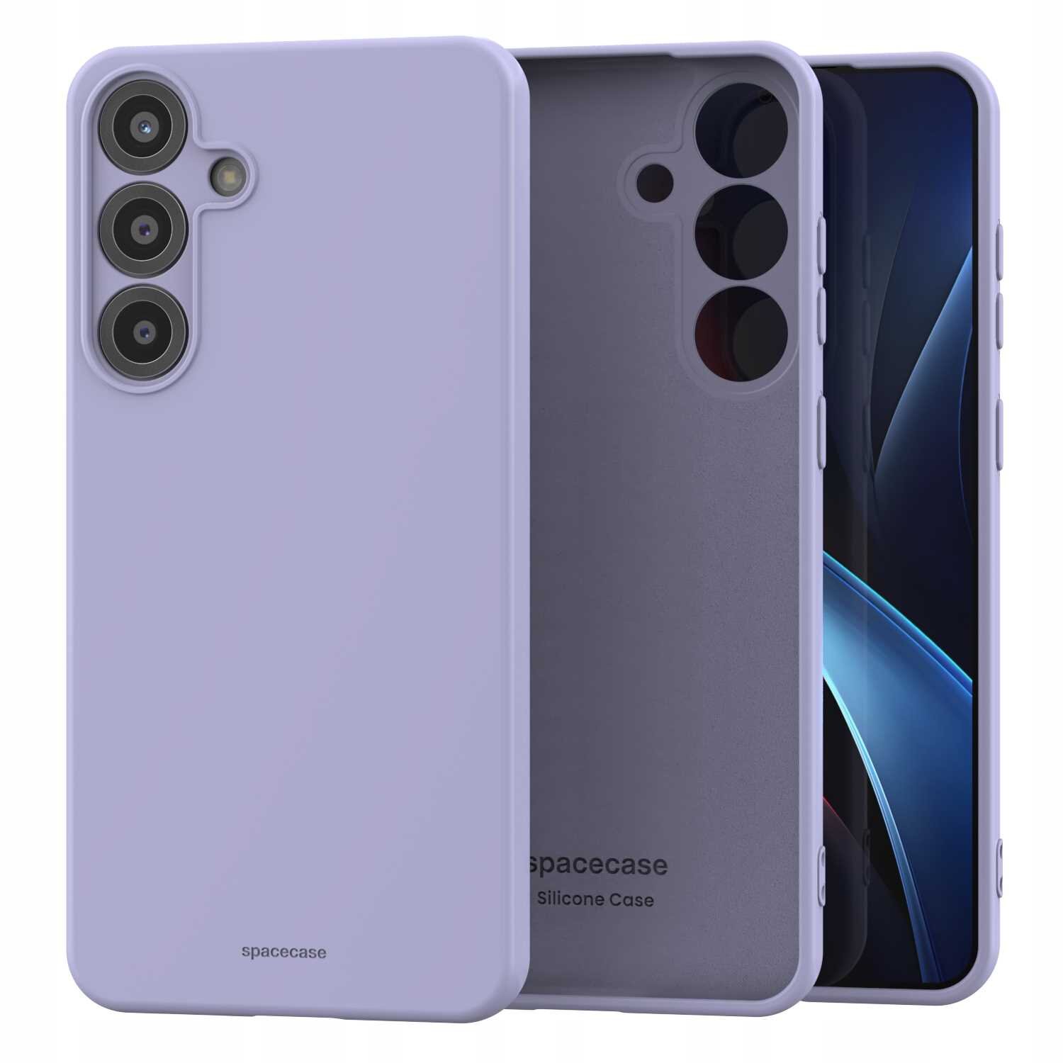 Fioletowe silikonowe etui na telefon z trzema otworami na aparaty i napisem \'spacecase Silicone Case\'.