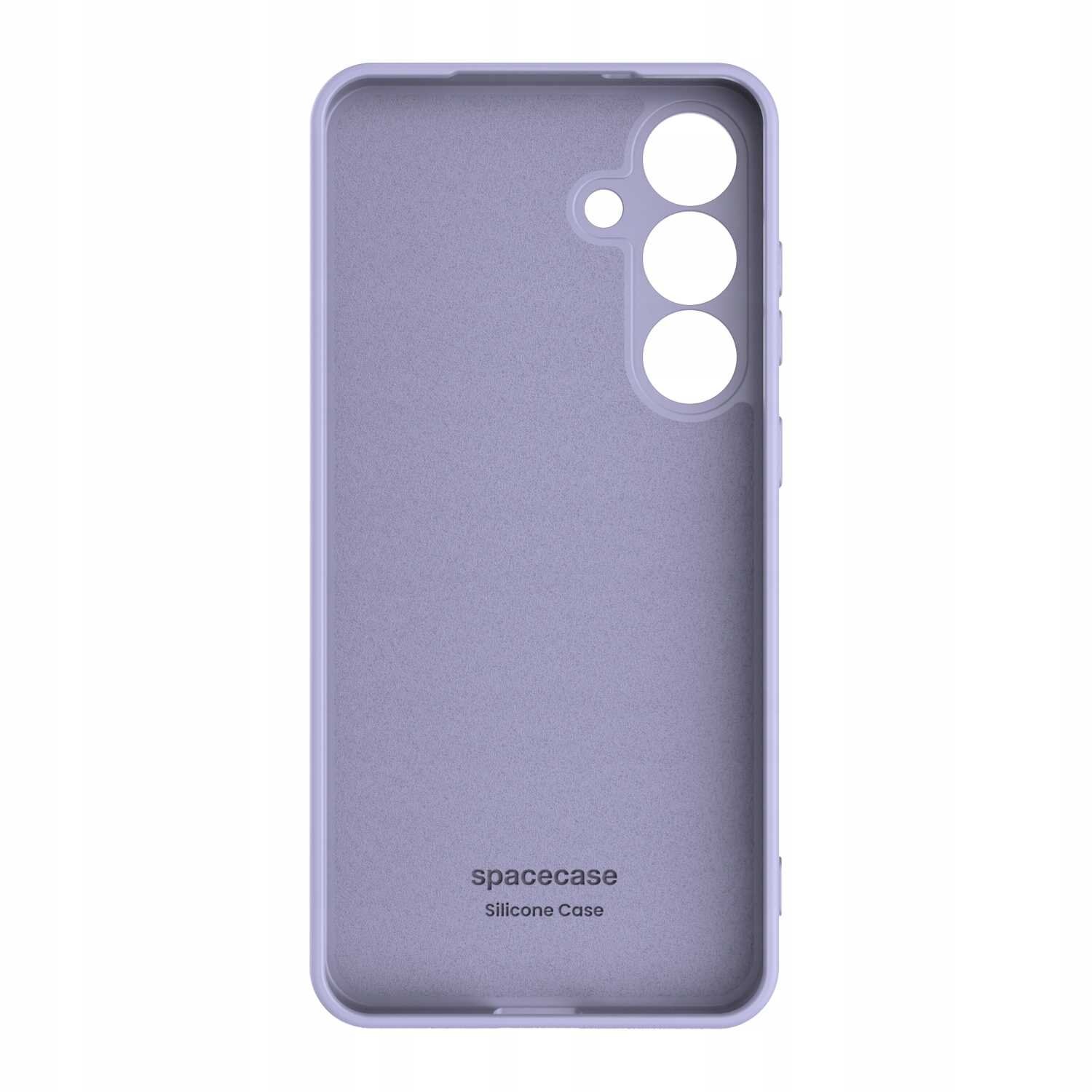 Fioletowe silikonowe etui z wycięciami na aparat i logo \'spacecase Silicone Case\' na dole.