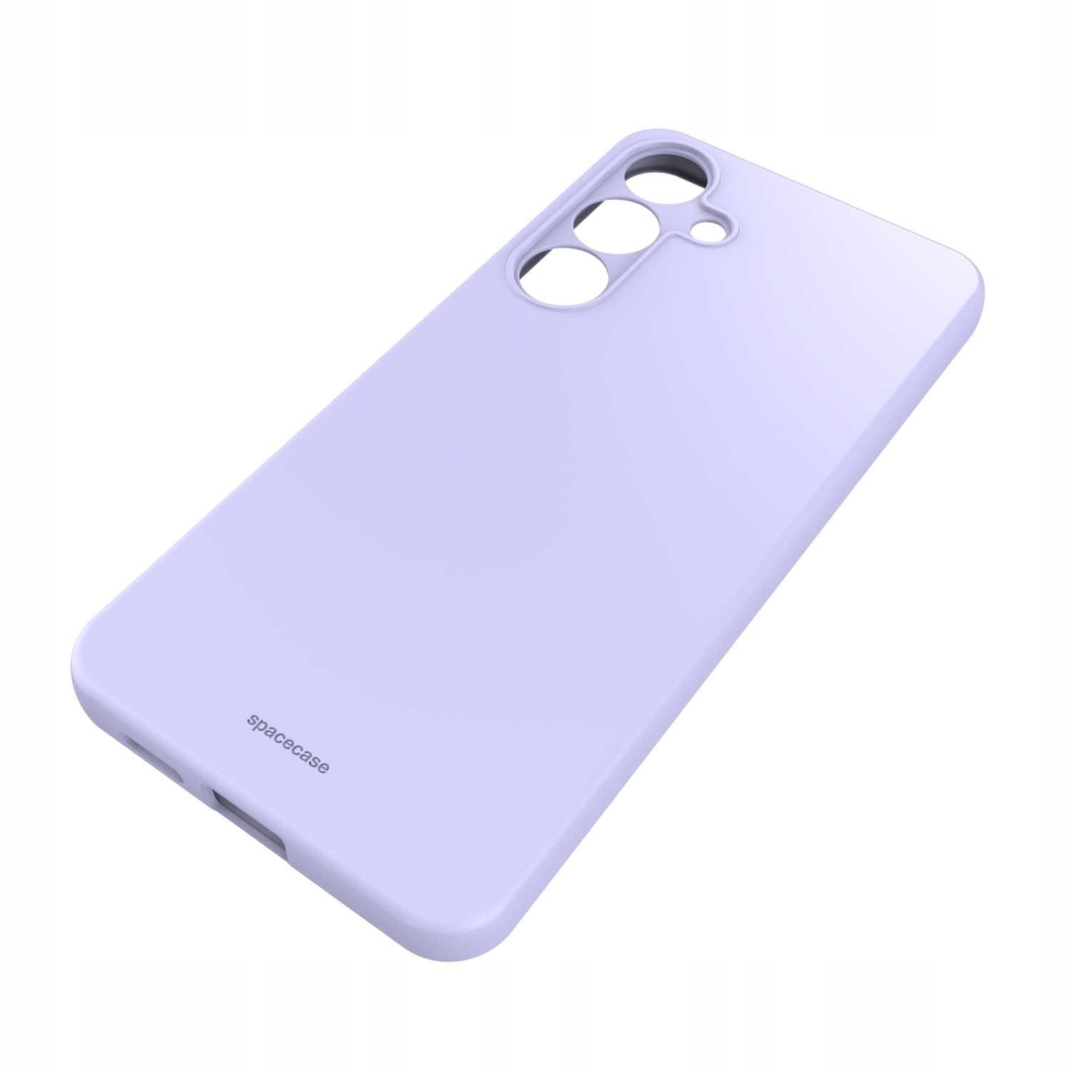 Fioletowe silikonowe etui z trzema otworami na aparat i logo \'spacecase\' na dole.