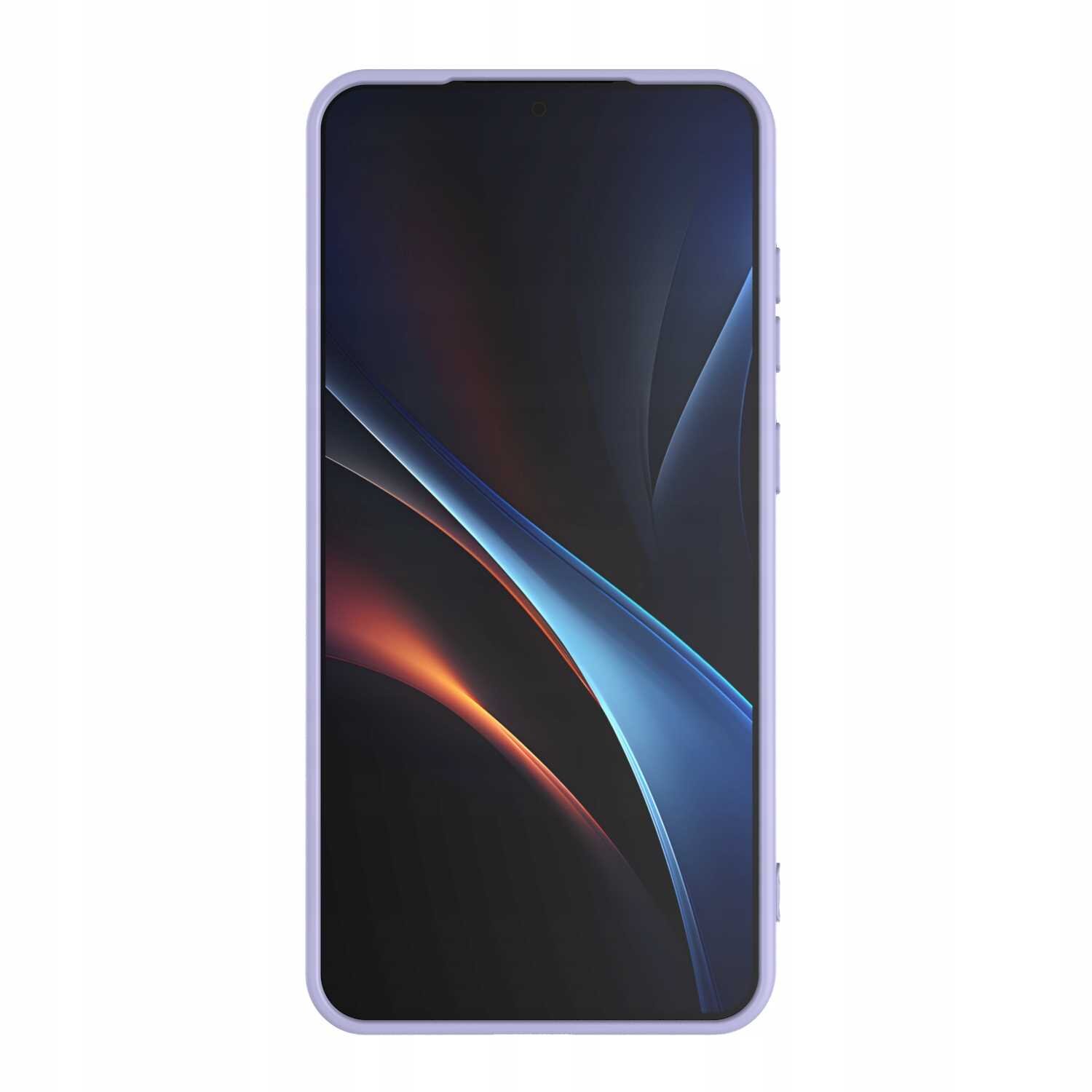 Smartfon w fioletowym silikonowym etui z wyświetlaczem pokazującym abstrakcyjne, kolorowe wzory.