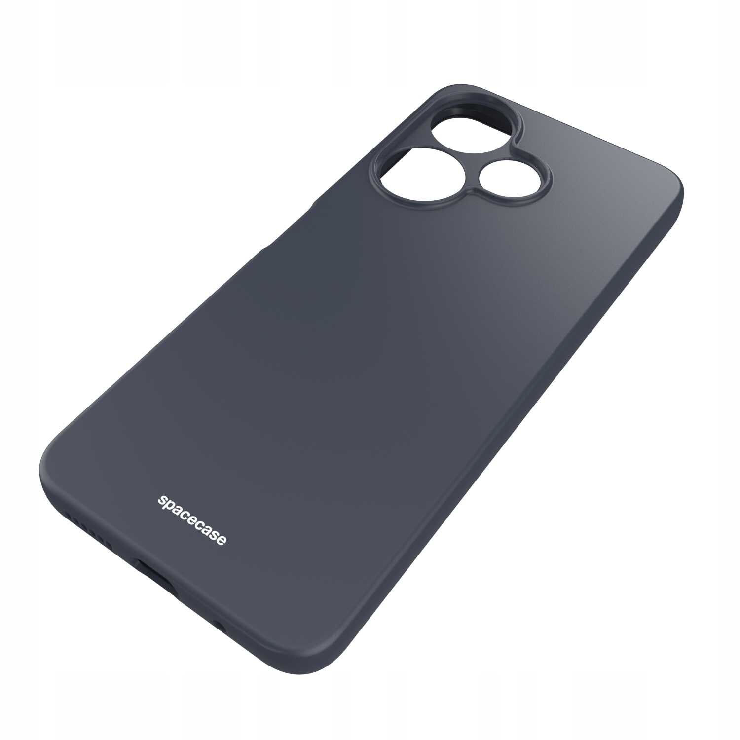 Czarne silikonowe etui z trzema otworami na aparat, z widocznym napisem \'spacecase\' na dole.
