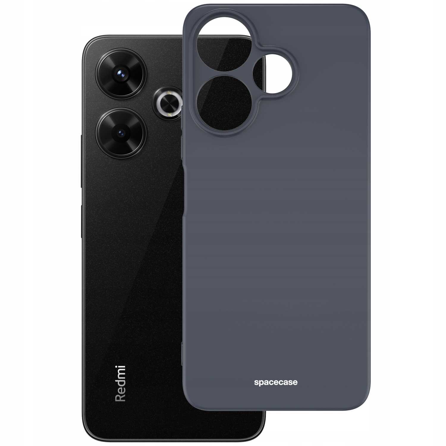 Na obrazie widoczne jest czarne silikonowe etui z napisem \'spacecase\' oraz smartfon z trzema aparatami i logo \'Redmi\'.