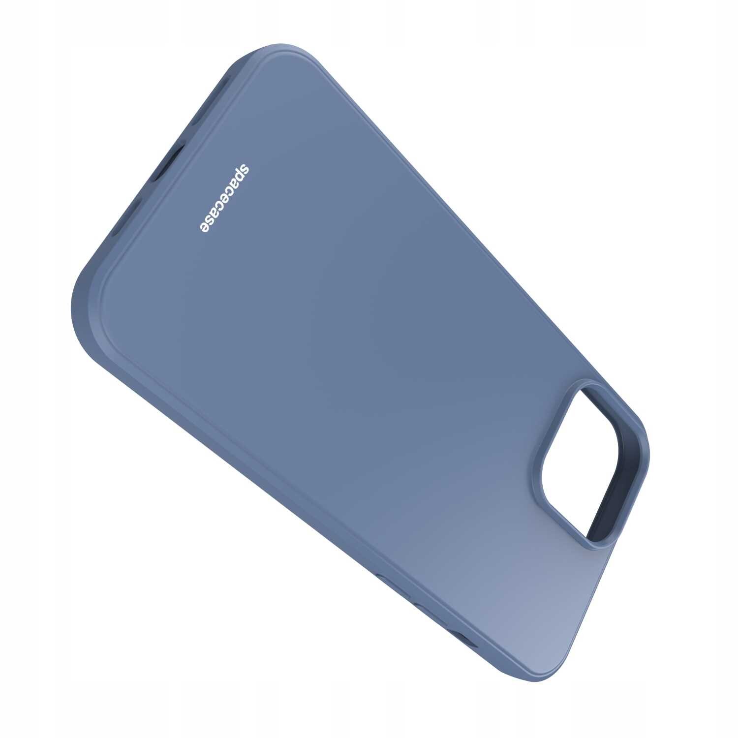 Niebieskie silikonowe etui z wycięciem na aparat, z widocznym napisem \'spacecase\'.