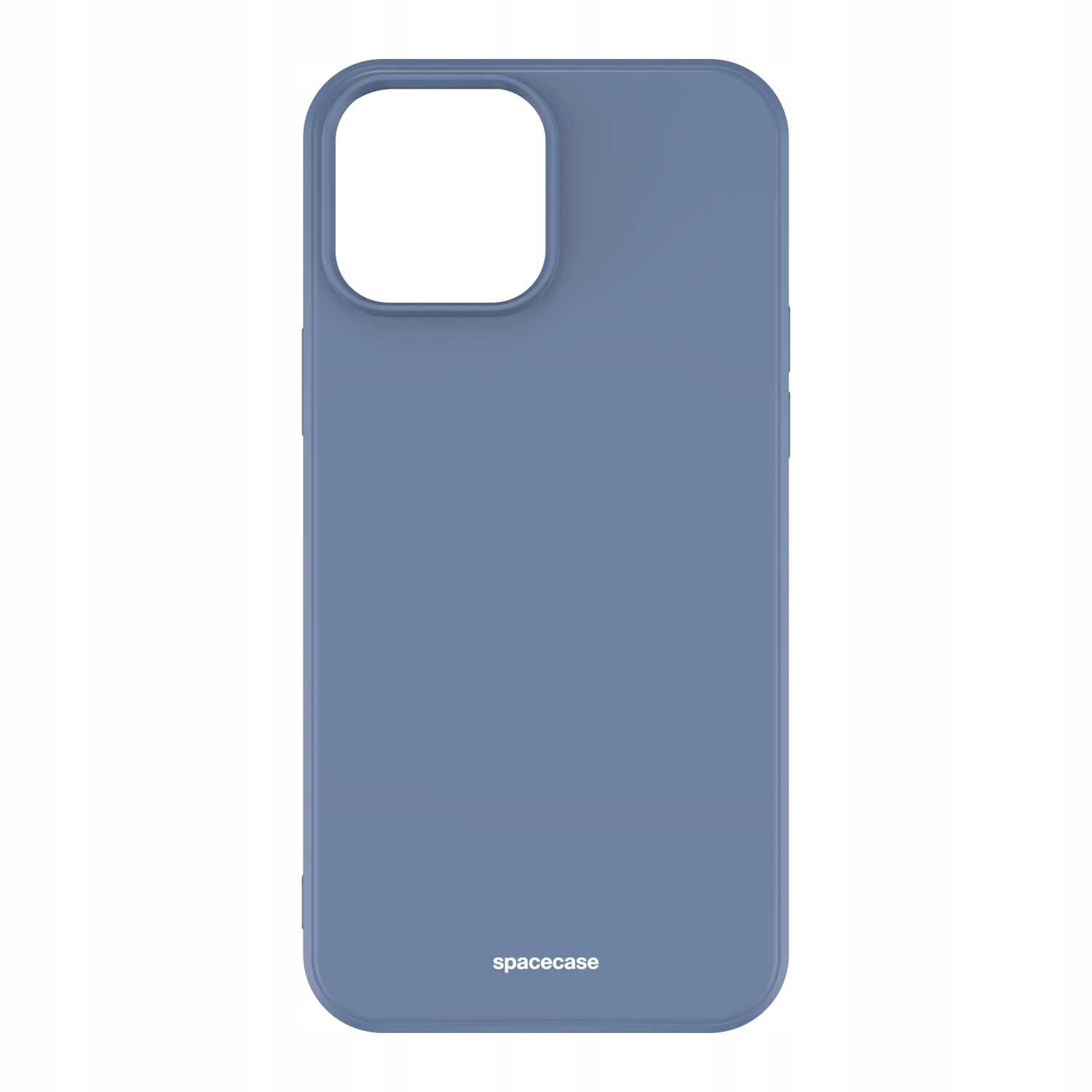 Niebieskie silikonowe etui na telefon z wycięciem na aparat. Na dole widoczny jest napis \'spacecase\'.