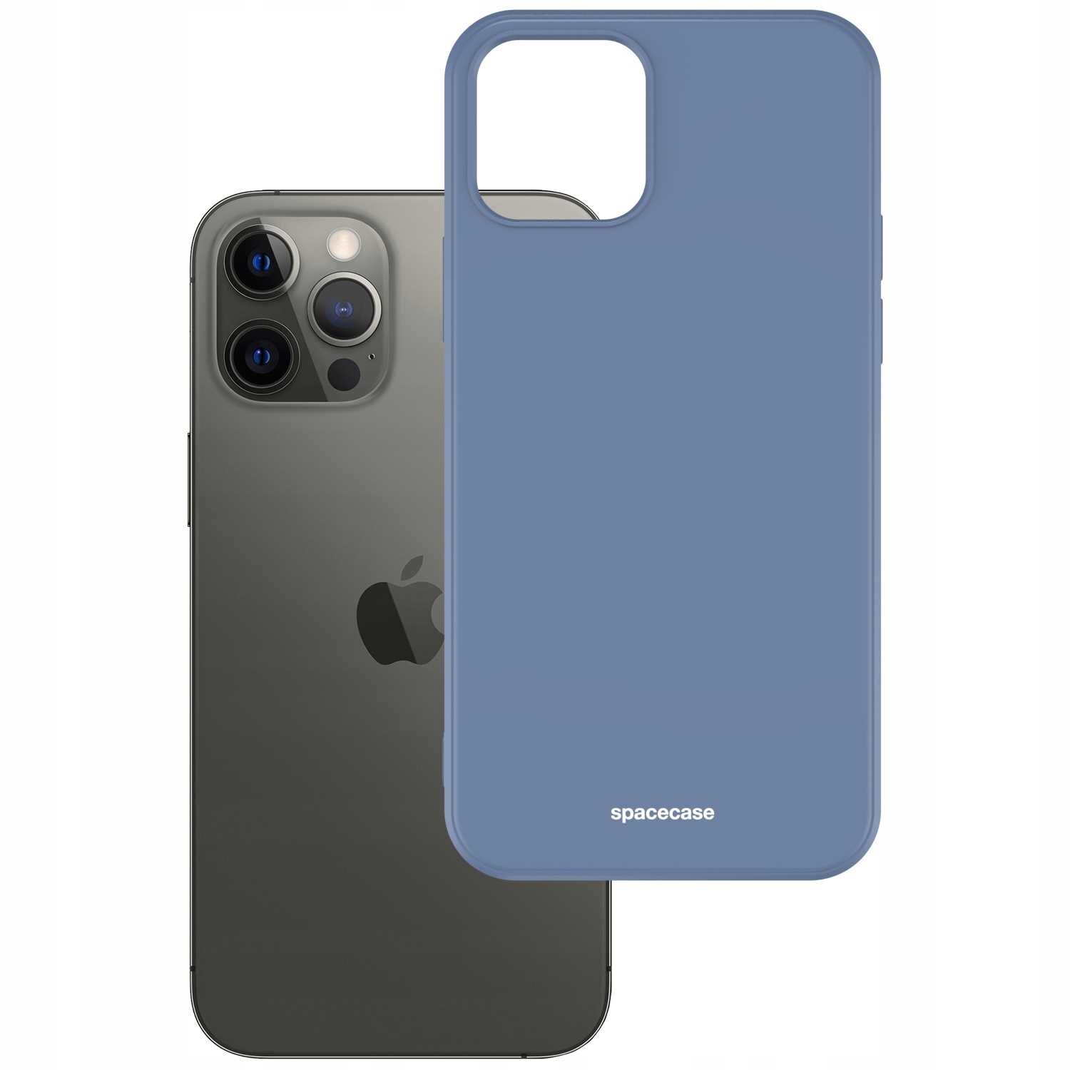 Na obrazie widoczny jest telefon z trzema obiektywami aparatu oraz niebieskie silikonowe etui z napisem \'spacecase\'.
