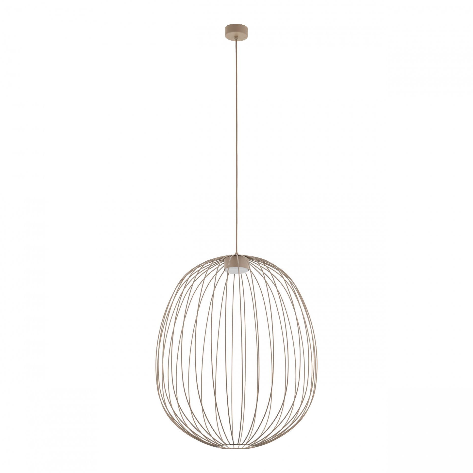 Lampa wisząca o nowoczesnym designie z metalowym kloszem w kształcie ażurowej kuli, zawieszona na cienkim przewodzie. Kolor lampy jest jasny, a konstrukcja składa się z równomiernie rozmieszczonych prętów.