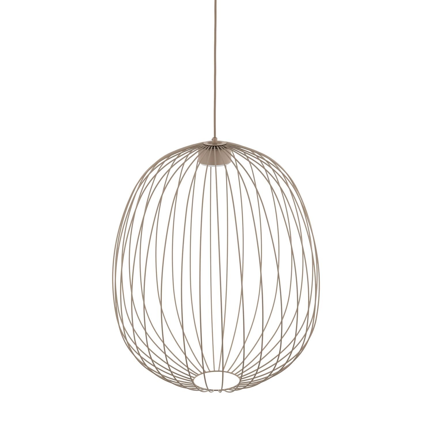 Lampa wisząca o nowoczesnym designie, wykonana z metalowych prętów tworzących kształt klatki. Kolor lampy jest jasnobrązowy.