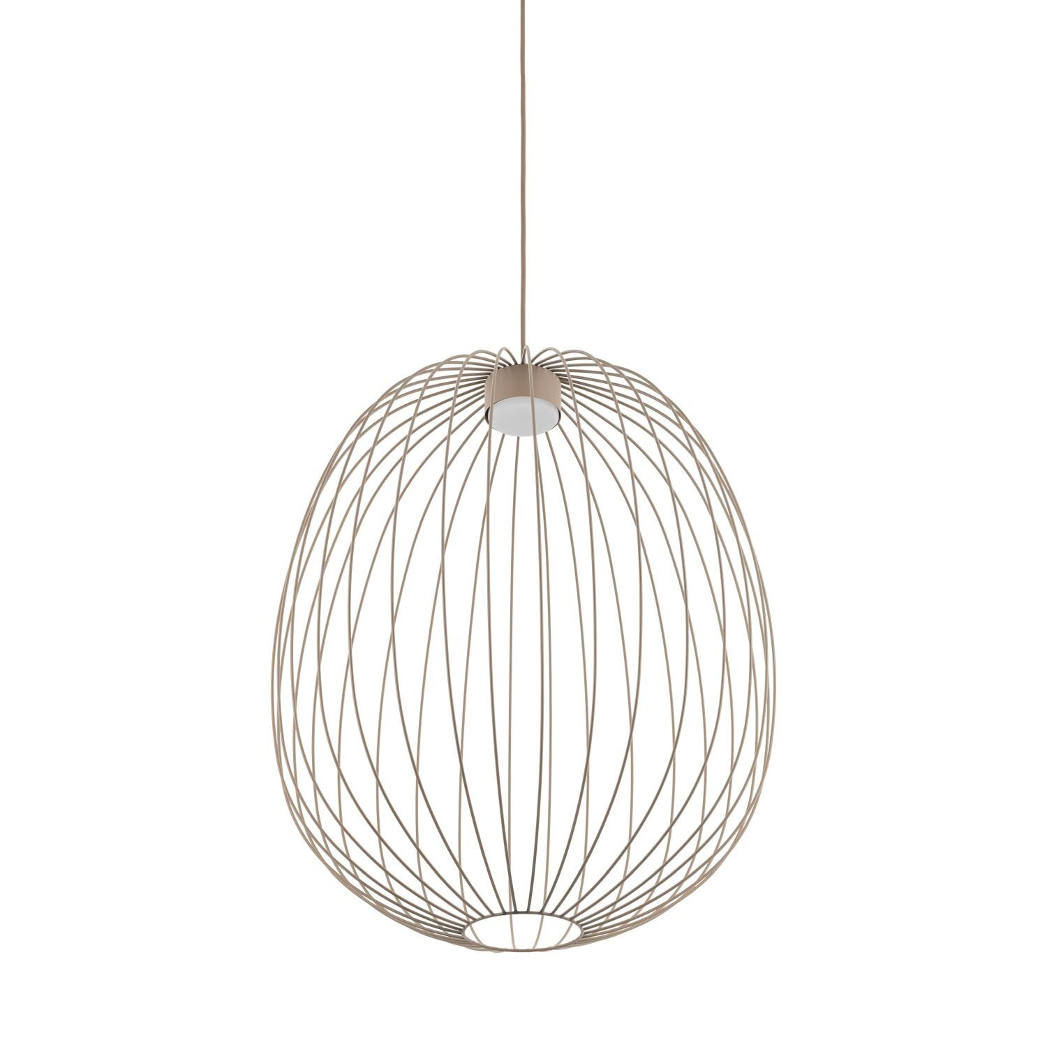 Lampa wisząca o nowoczesnym designie, składająca się z metalowych prętów tworzących kształt klatki. Kolor lampy jest jasny, a w środku znajduje się miejsce na żarówkę.