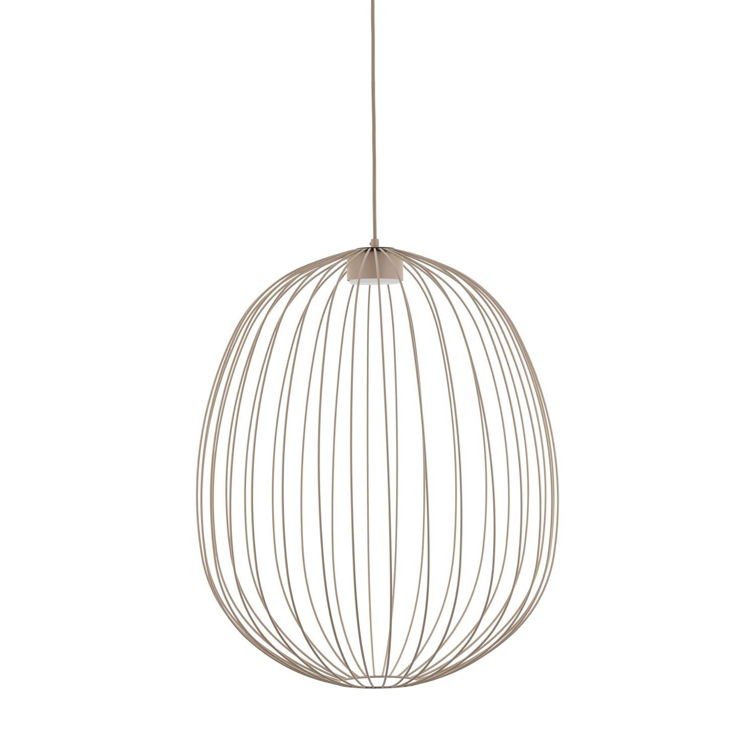 Lampa wisząca o nowoczesnym designie, składająca się z metalowych prętów tworzących kształt klatki. Lampa jest zawieszona na cienkim przewodzie.