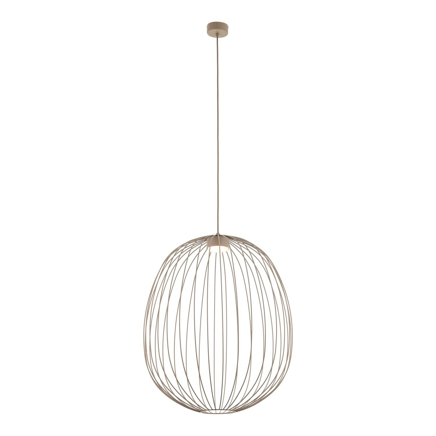 Lampa wisząca o nowoczesnym designie, składająca się z metalowych prętów tworzących kształt klatki. Lampa jest zawieszona na cienkim przewodzie z okrągłą podsufitką.
