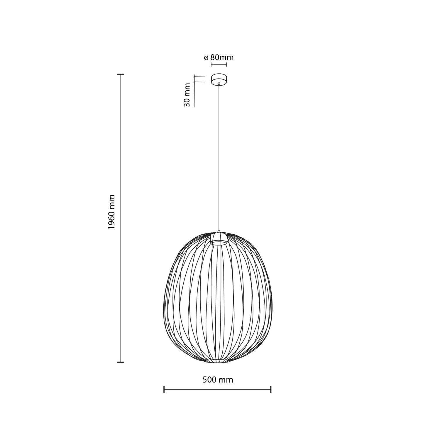 Schemat lampy wiszącej z wymiarami: wysokość całkowita 1960 mm, średnica klosza 500 mm, średnica mocowania 80 mm, wysokość mocowania 30 mm.