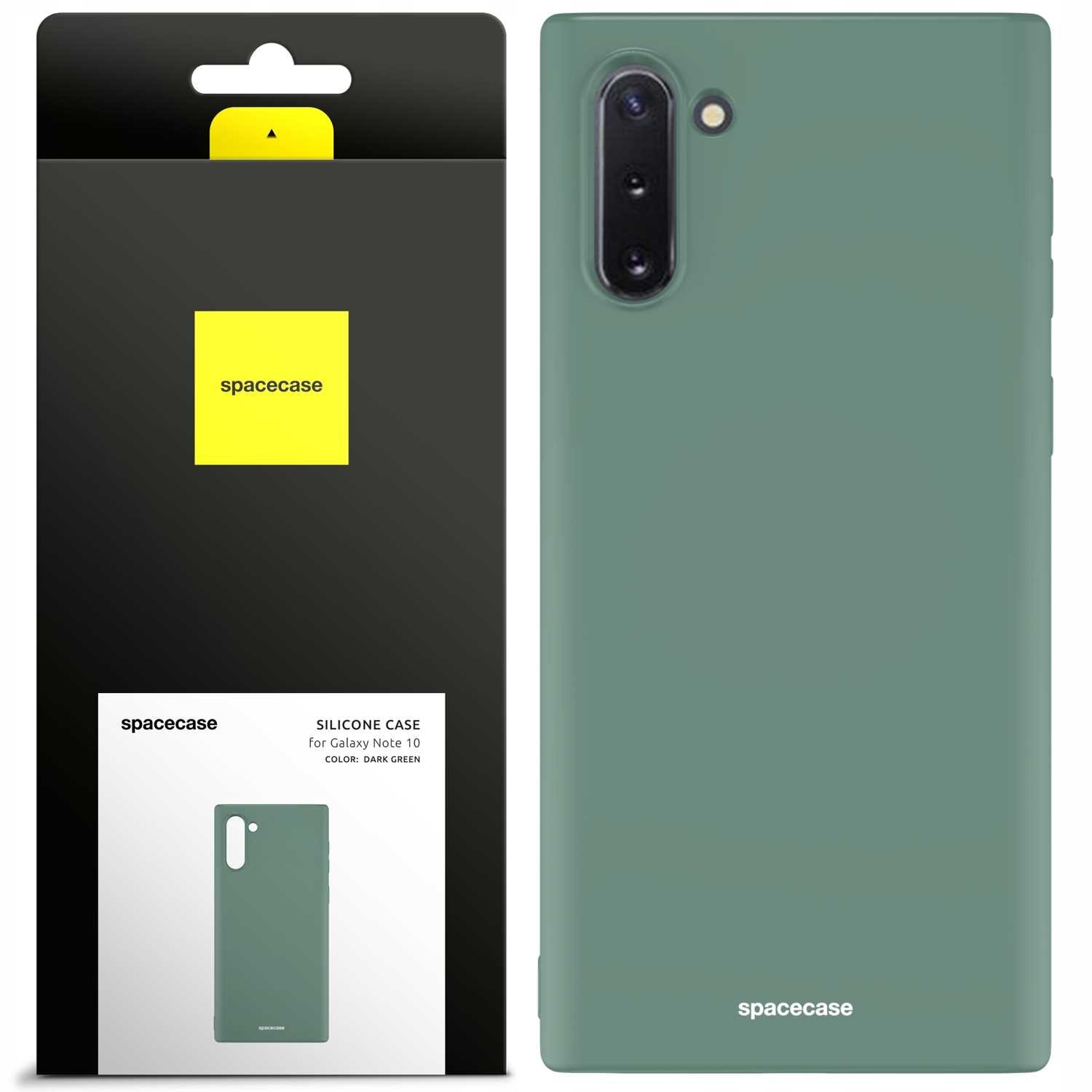 Zielone silikonowe etui na telefon z wycięciem na aparat. Opakowanie z logo \'spacecase\' i napisem \'SILICONE CASE for Galaxy Note 10 COLOR: DARK GREEN\'.
