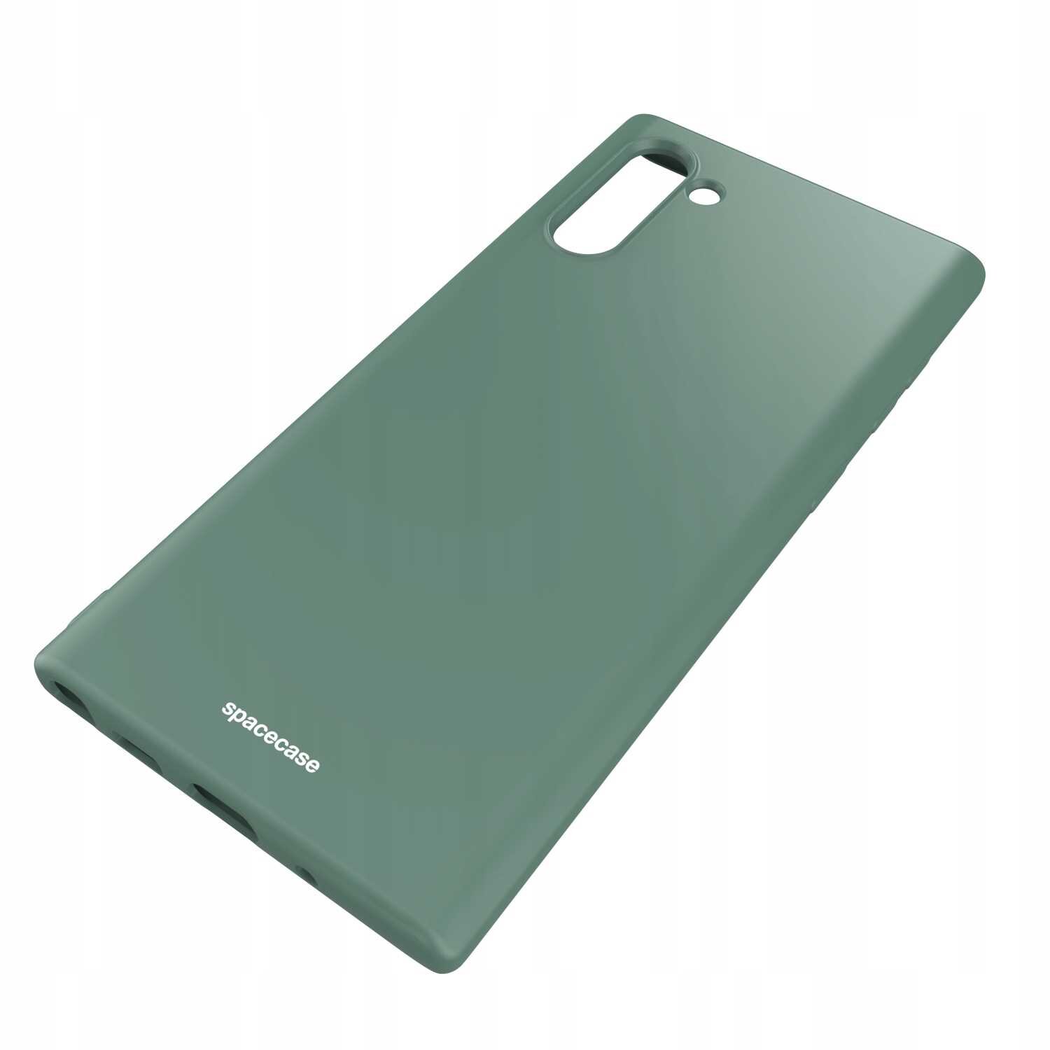 Zielone silikonowe etui z okrągłym uchwytem na tylnej stronie, z wycięciami na aparat i logo \'spacecase\'.