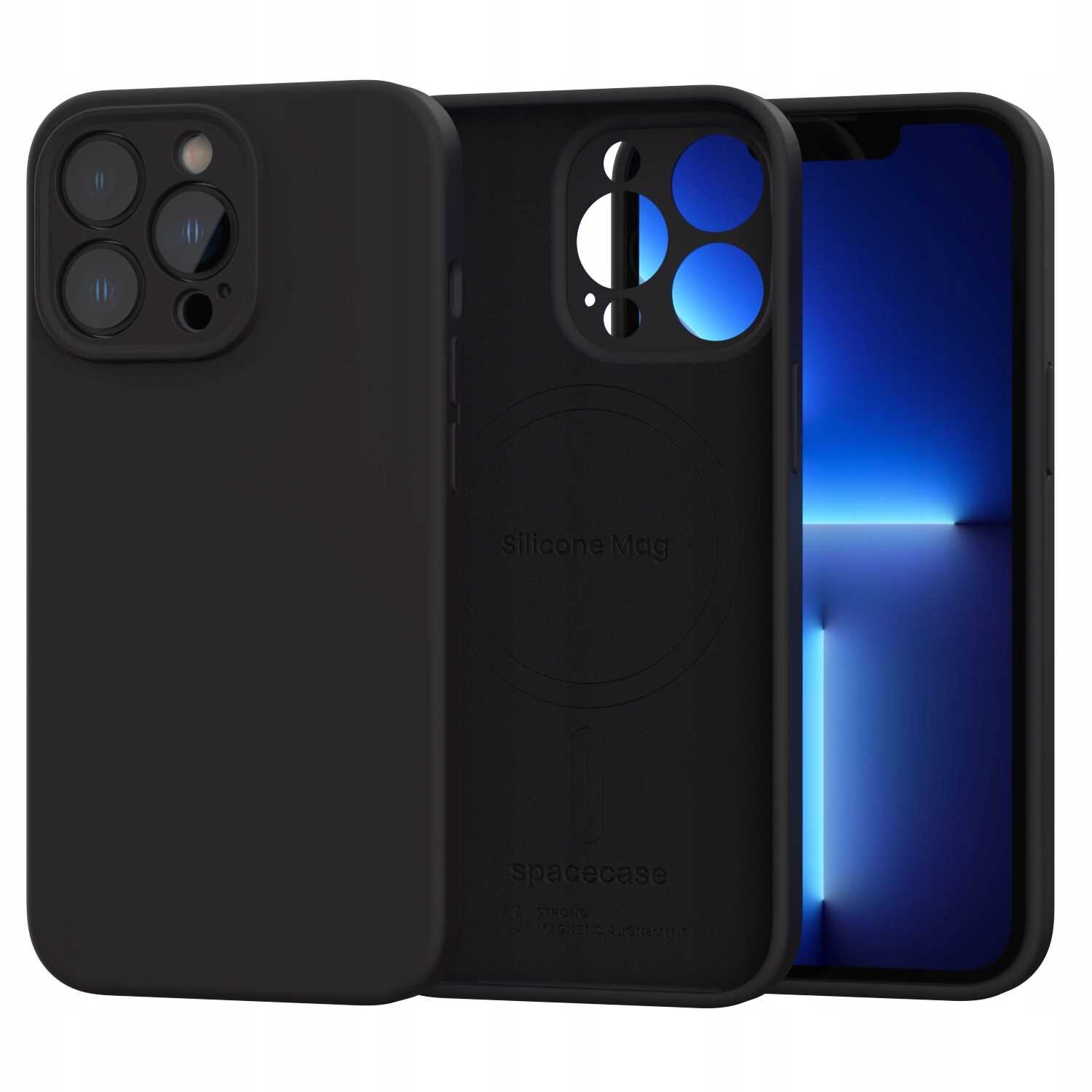 Czarne silikonowe etui magnetyczne z wycięciami na aparat i logo \'spacecase\' oraz napisem \'Silicone Mag\'.
