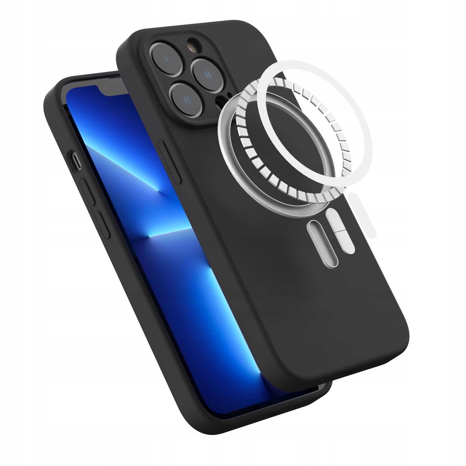 Czarne silikonowe etui magnetyczne na smartfon z widocznym pierścieniem magnetycznym. Etui jest dopasowane do modelu z trzema obiektywami aparatu.