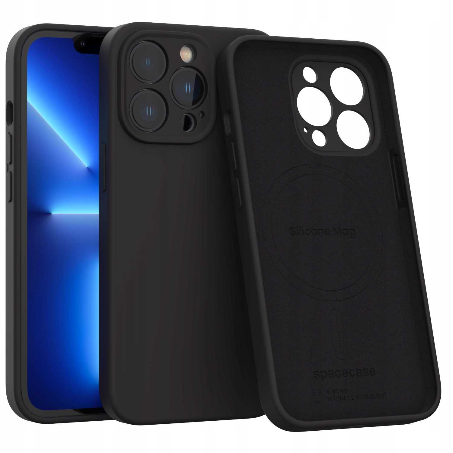 Czarne silikonowe etui magnetyczne z wycięciami na aparat i napisem \'Silicone Mag\' oraz \'spacecase\'.