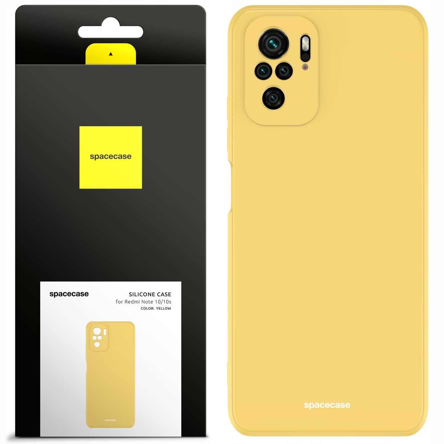 Żółte silikonowe etui na telefon z wycięciami na aparat, obok opakowanie z logo \'spacecase\'.
