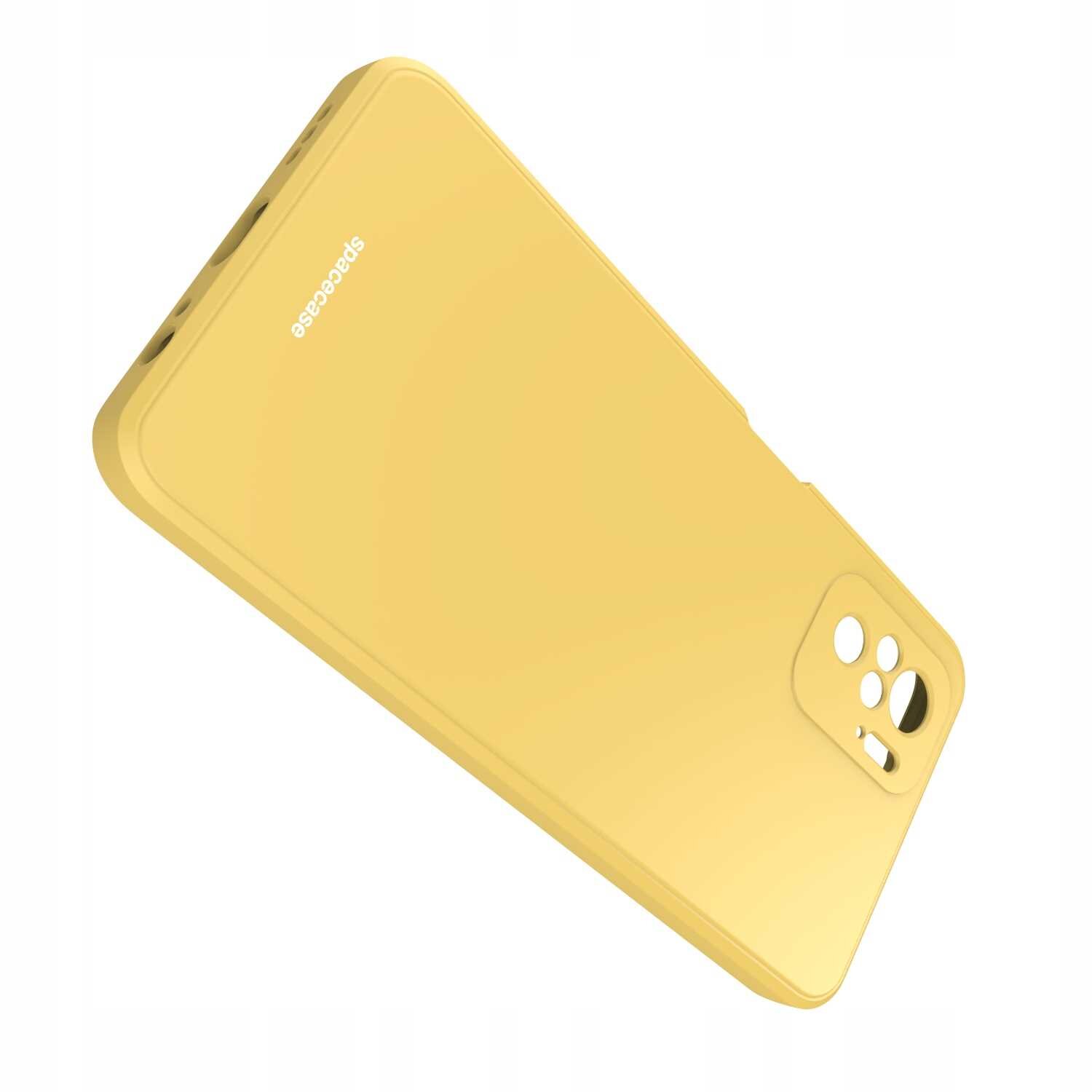 Żółte silikonowe etui z wycięciami na aparat i logo \'spacecase\' na powierzchni. Etui jest przeznaczone do telefonu z kilkoma otworami na tylnej stronie.