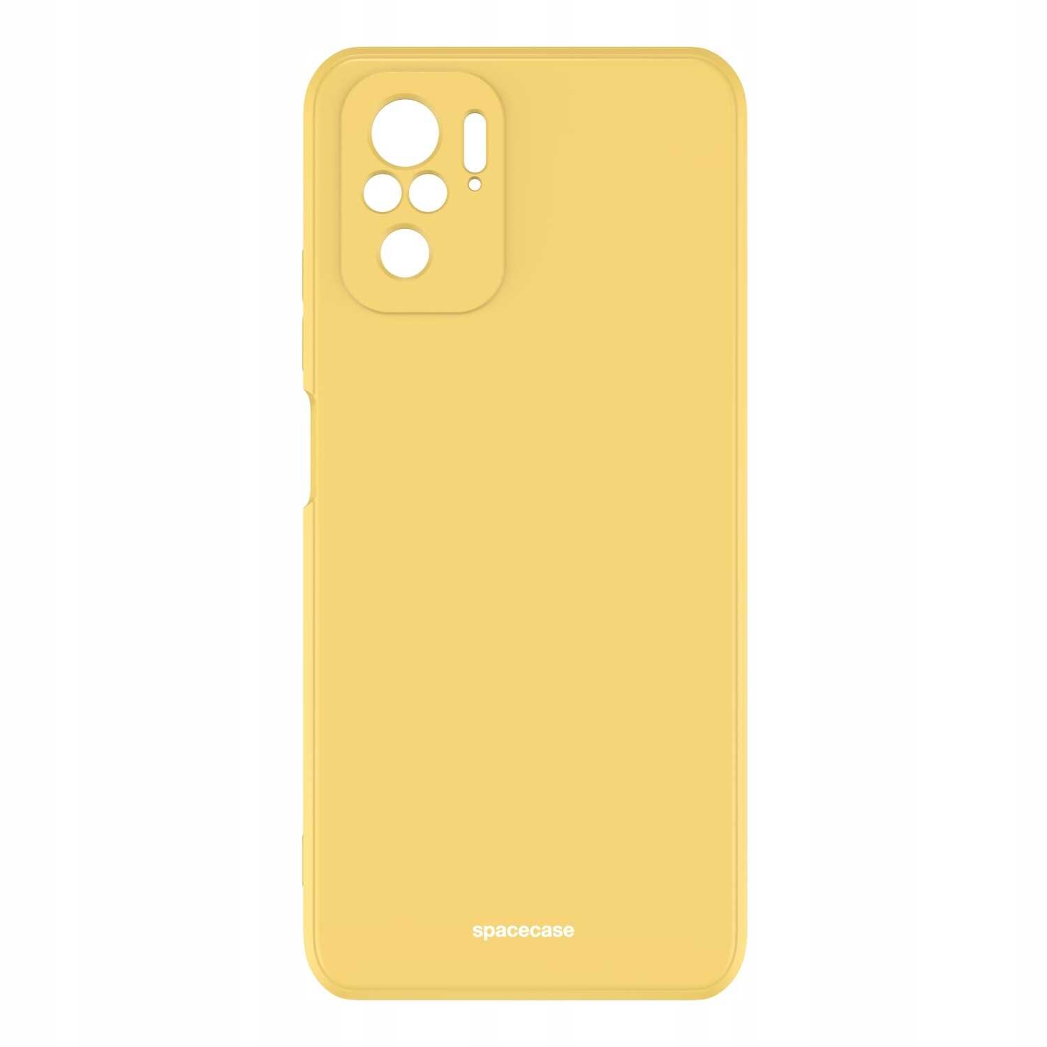 Żółte silikonowe etui z wycięciami na aparat i logo \'spacecase\' na dole.