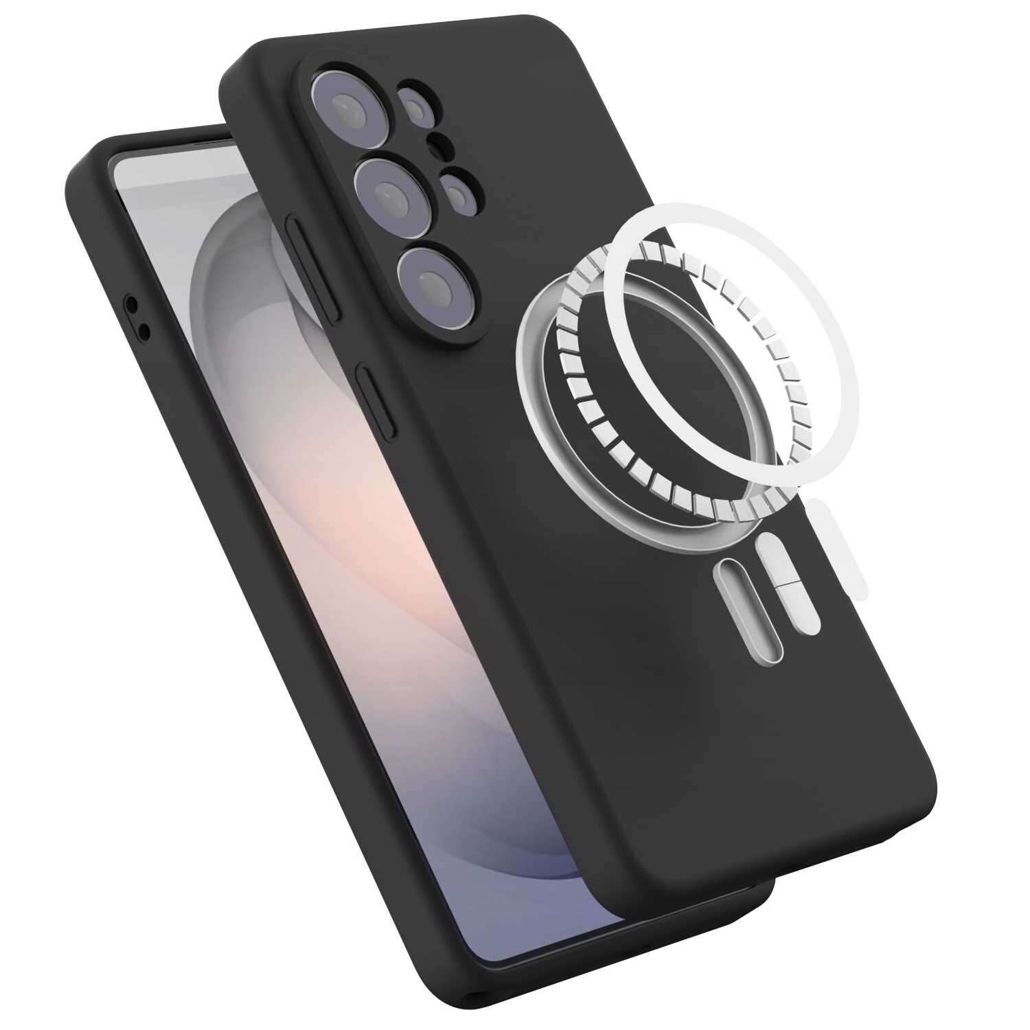 Czarne silikonowe etui magnetyczne z widocznym pierścieniem MagSafe, przeznaczone do smartfona z kilkoma obiektywami aparatu. Etui jest pokazane w dwóch pozycjach, z przodu i z tyłu telefonu.