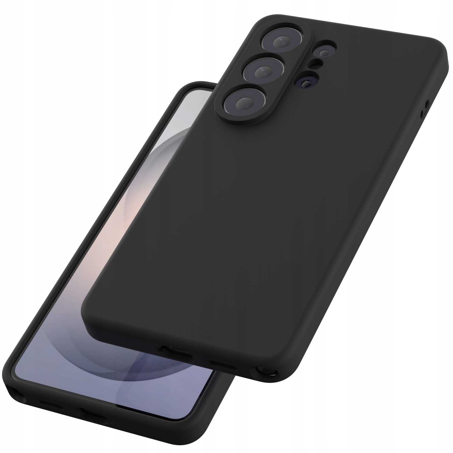 Czarne silikonowe etui na telefon z trzema dużymi otworami na aparaty fotograficzne. Etui jest pokazane z przodu i z tyłu, prezentując jego gładką powierzchnię.