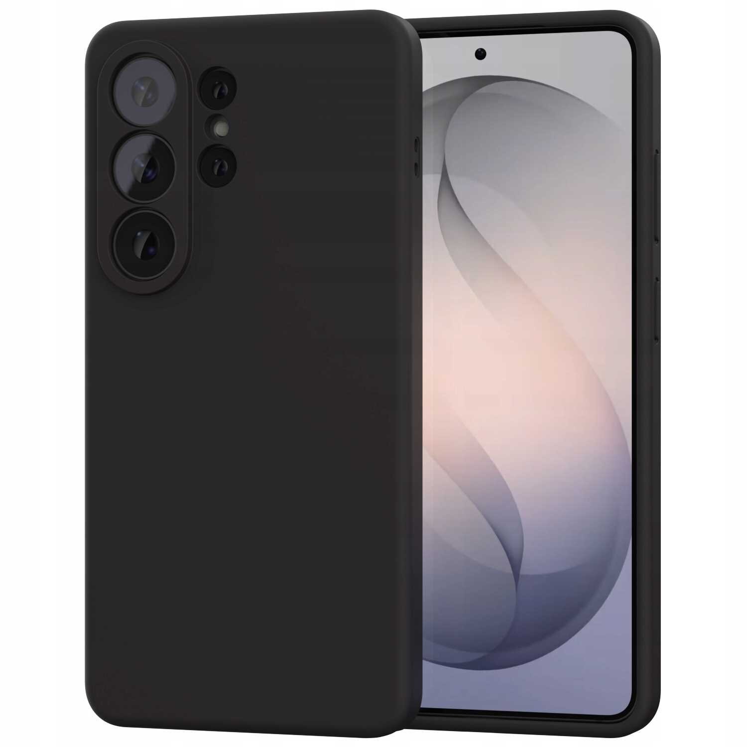 Czarne silikonowe etui na telefon z trzema dużymi otworami na aparaty fotograficzne. Obok etui widoczny jest telefon z wyświetlaczem pokazującym abstrakcyjny wzór.