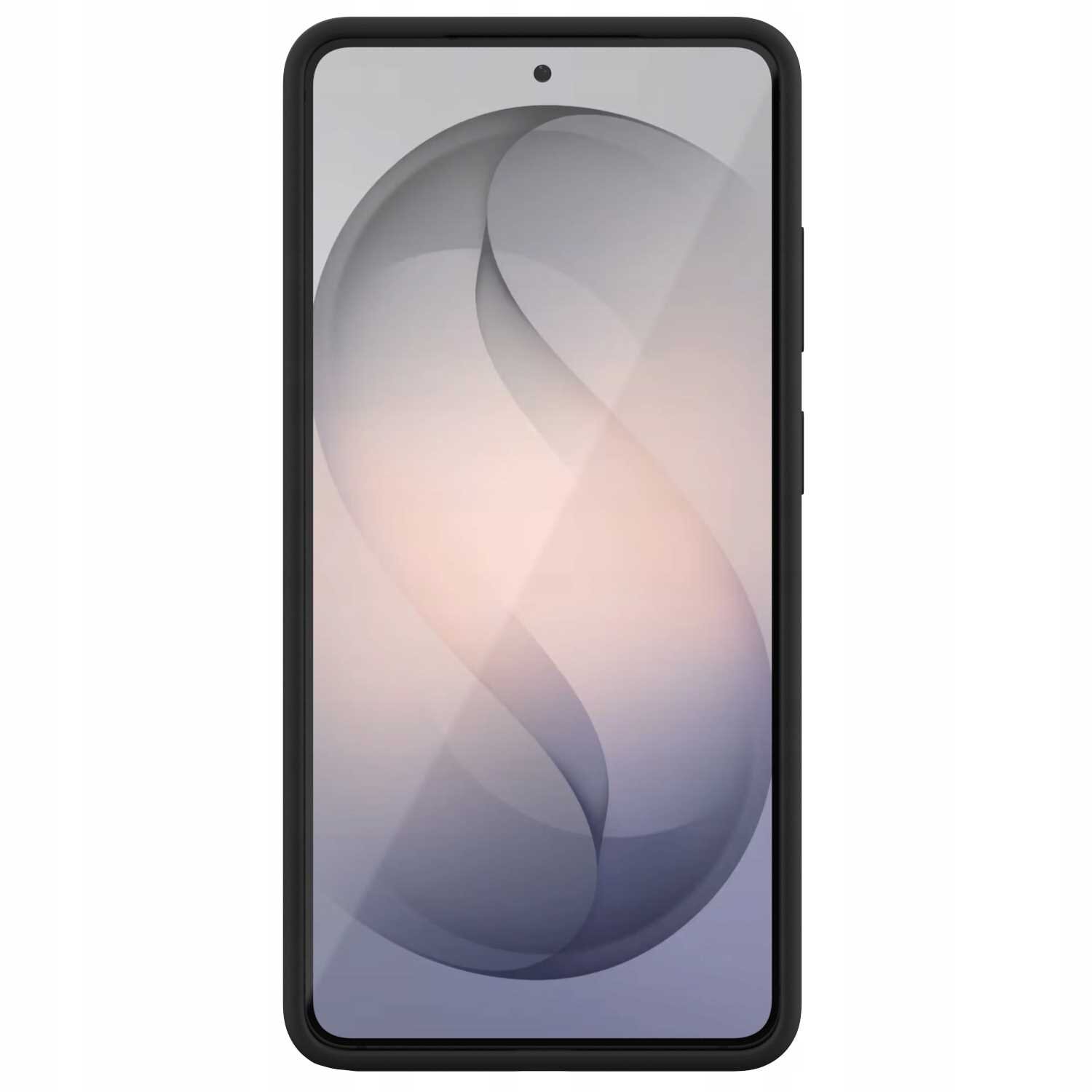 Na obrazie widoczny jest smartfon z czarnym silikonowym etui, z wyświetlaczem pokazującym abstrakcyjny wzór w odcieniach szarości i różu.