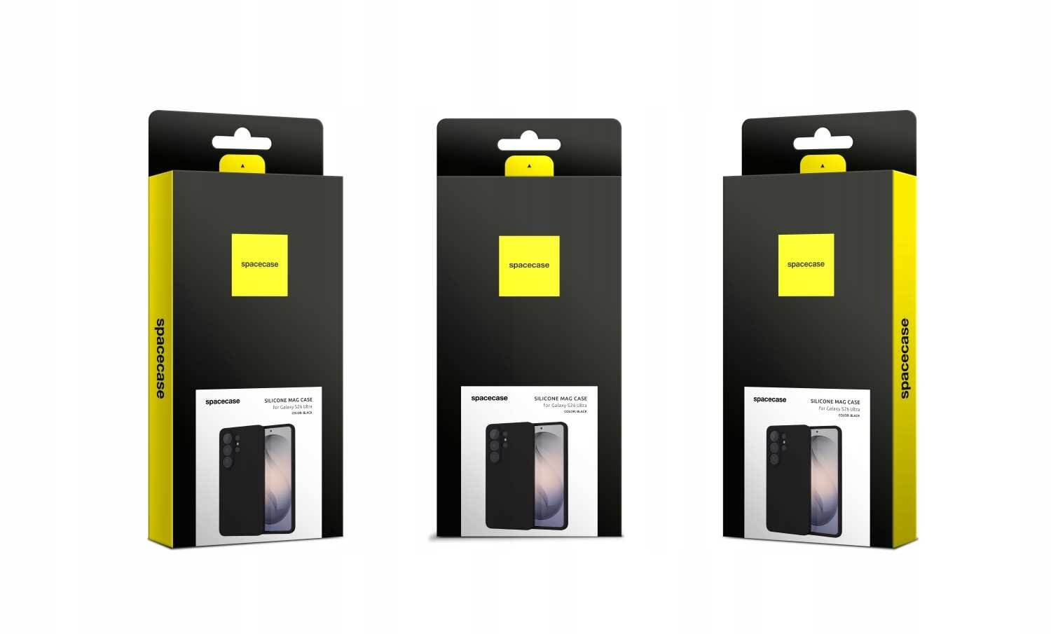 Trzy opakowania produktu SPACECASE z silikonowym etui magnetycznym do Galaxy S26 Ultra w kolorze czarnym. Na opakowaniach widoczne jest logo \'spacecase\' oraz zdjęcie telefonu z etui.