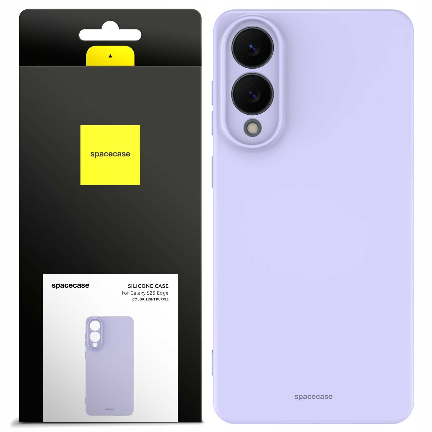 Fioletowe silikonowe etui SPACECASE do Galaxy S25 Edge jest pokazane obok opakowania z logo \'spacecase\'. Na opakowaniu widnieje napis: \'SILICONE CASE for Galaxy S25 Edge COLOR: LIGHT PURPLE\'.
