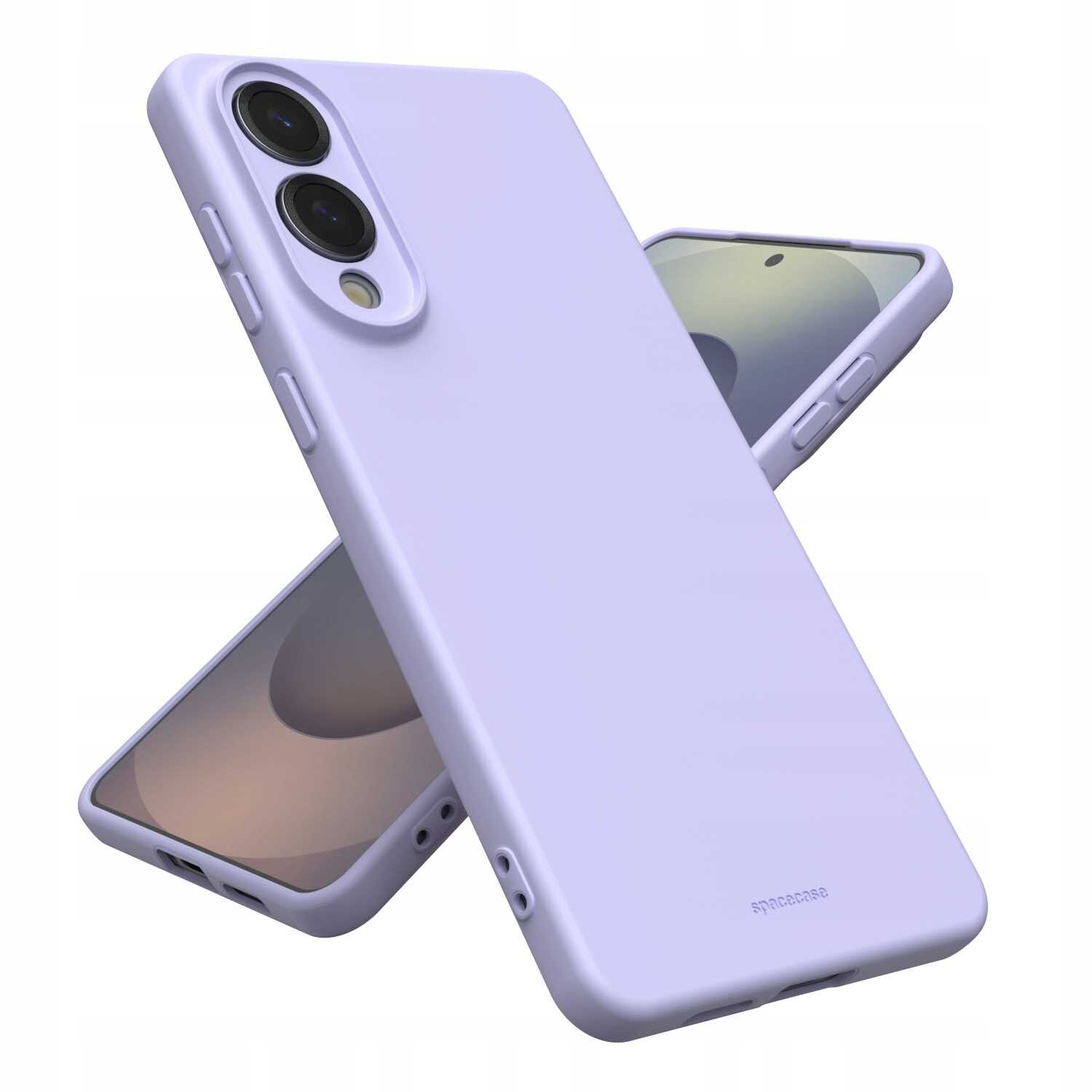 Na obrazie widoczne są dwa fioletowe silikonowe etui na telefon, jedno z nich pokazuje tylną część z wycięciami na aparat, a drugie przednią z ekranem. Na dolnej części etui widoczny jest napis \'spacecase\'.