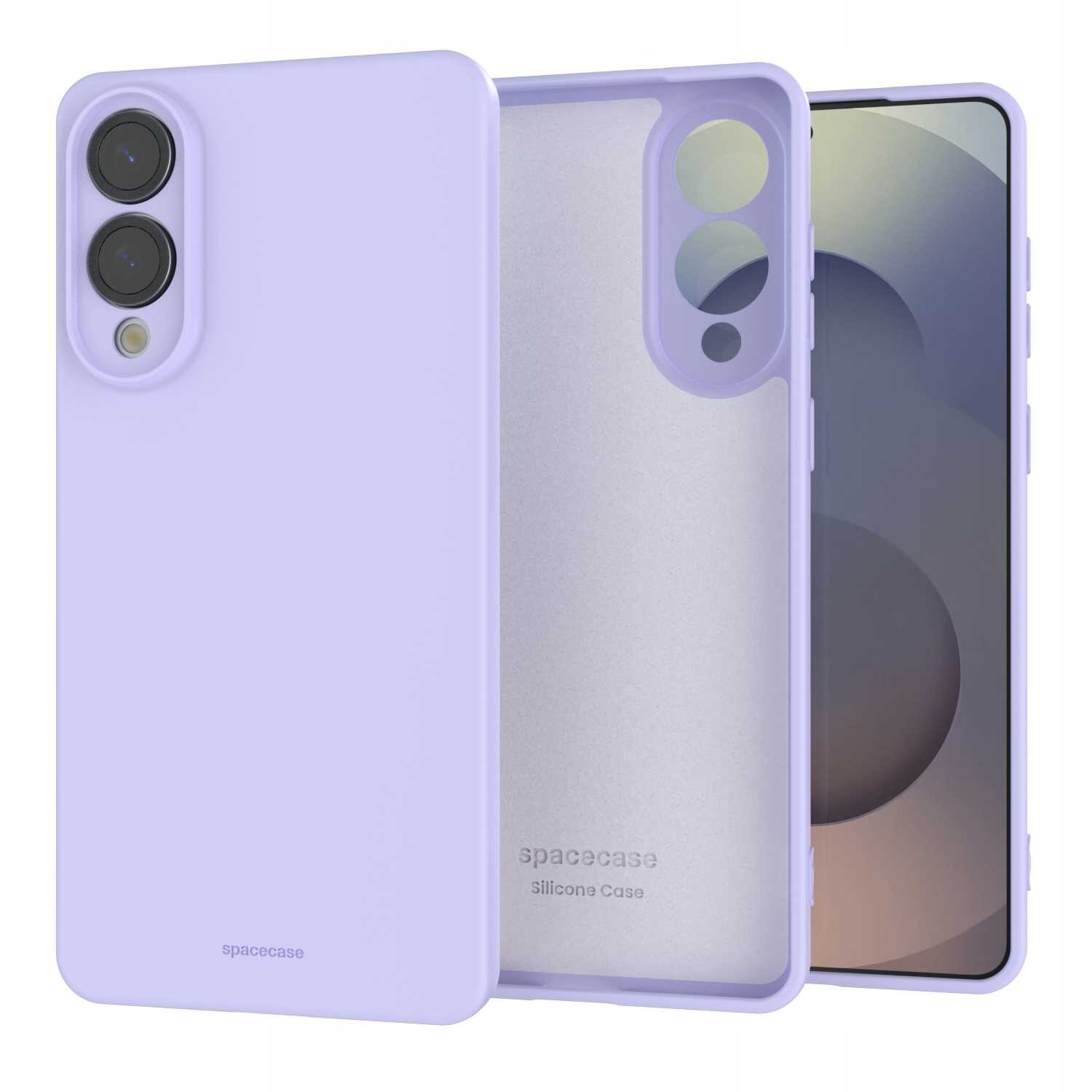 Fioletowe silikonowe etui na telefon z widocznymi wycięciami na aparat i logo \'spacecase Silicone Case\'.