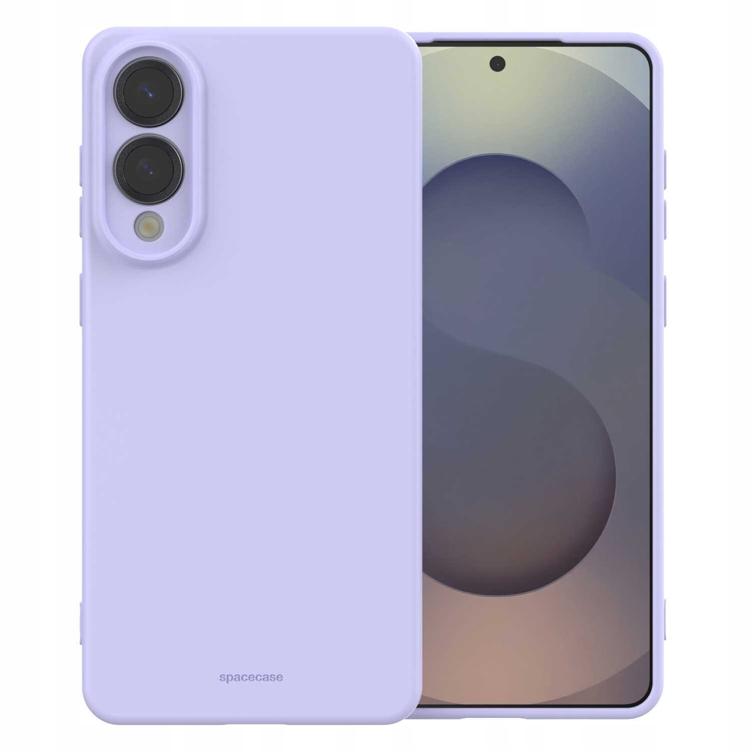 Fioletowe silikonowe etui na telefon z dwoma otworami na aparaty i napisem \'spacecase\' na dole. Obok etui widoczny jest telefon z wyświetlaczem włączonym, pokazującym abstrakcyjny wzór.