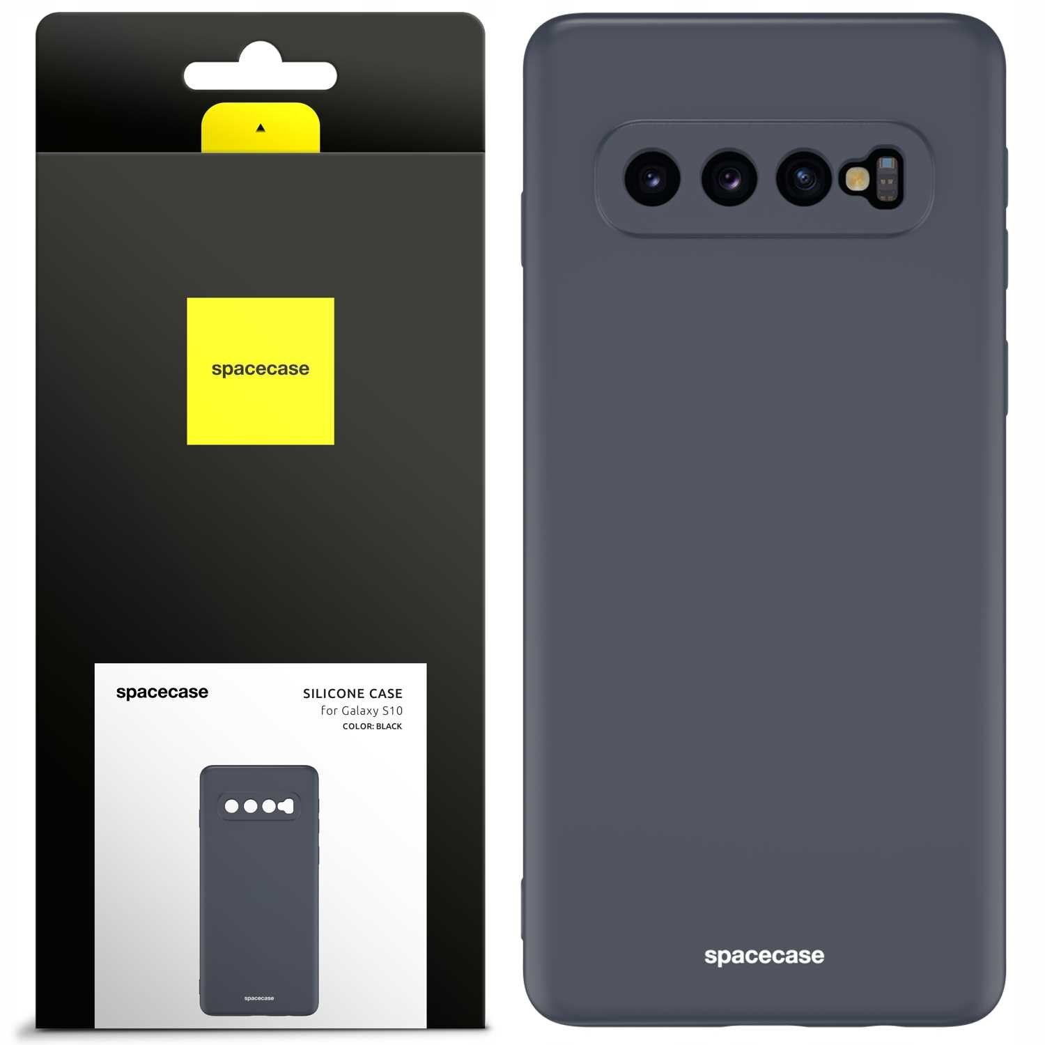 Obraz przedstawia czarne silikonowe etui na telefon z trzema otworami na aparaty i jednym na lampę błyskową. Opakowanie produktu zawiera logo \'spacecase\' na żółtym tle oraz napis \'SILICONE CASE for Galaxy S10 COLOR: BLACK\'.