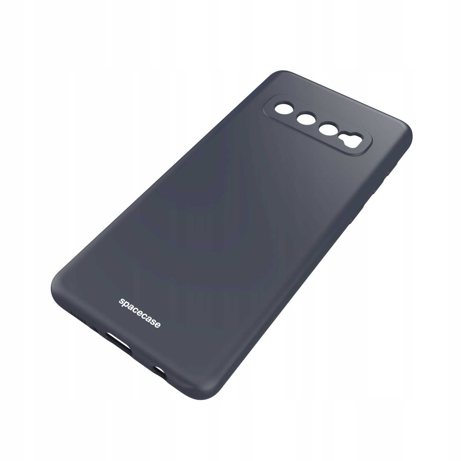 Czarne silikonowe etui z wycięciami na aparat i logo \'spacecase\' na dole. Etui jest przeznaczone do telefonu Galaxy S10.