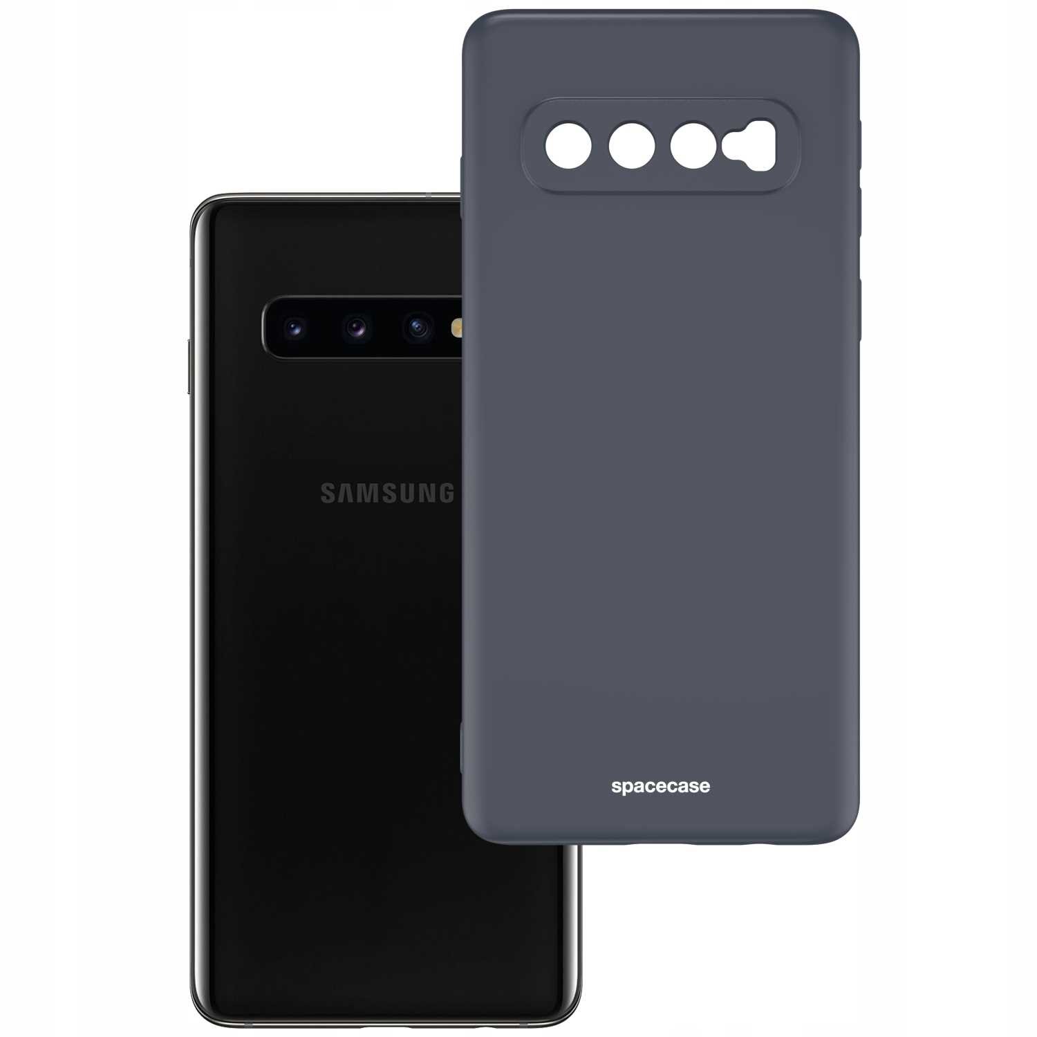 Na obrazie widoczne jest czarne silikonowe etui z wycięciami na aparat oraz telefon z logo \'SAMSUNG\'. Na etui znajduje się napis \'spacecase\'.
