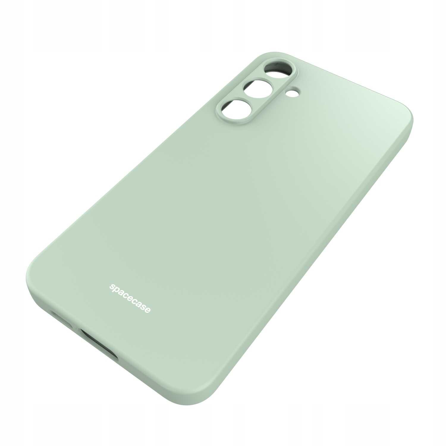 Zielone silikonowe etui z wycięciami na aparat i logo \'spacecase\' na dole.