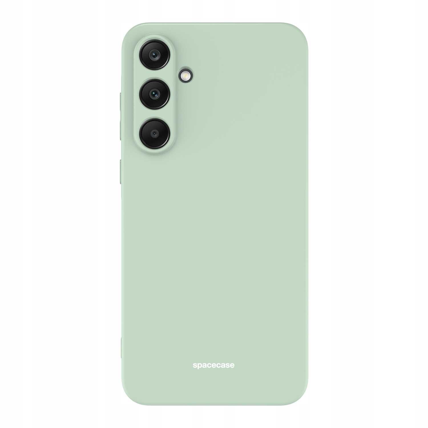 Zielone silikonowe etui z trzema otworami na aparaty i napisem \'spacecase\' na dole.