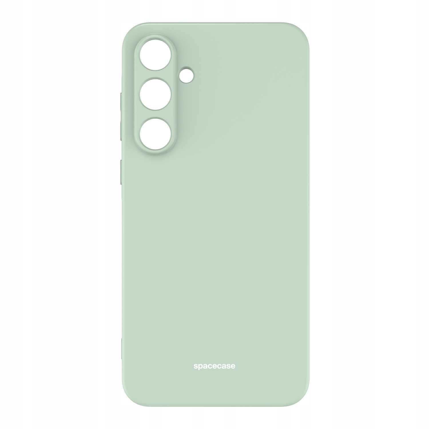 Zielone silikonowe etui z trzema otworami na aparaty i jednym mniejszym otworem. Na dole widoczny jest napis \'spacecase\'.