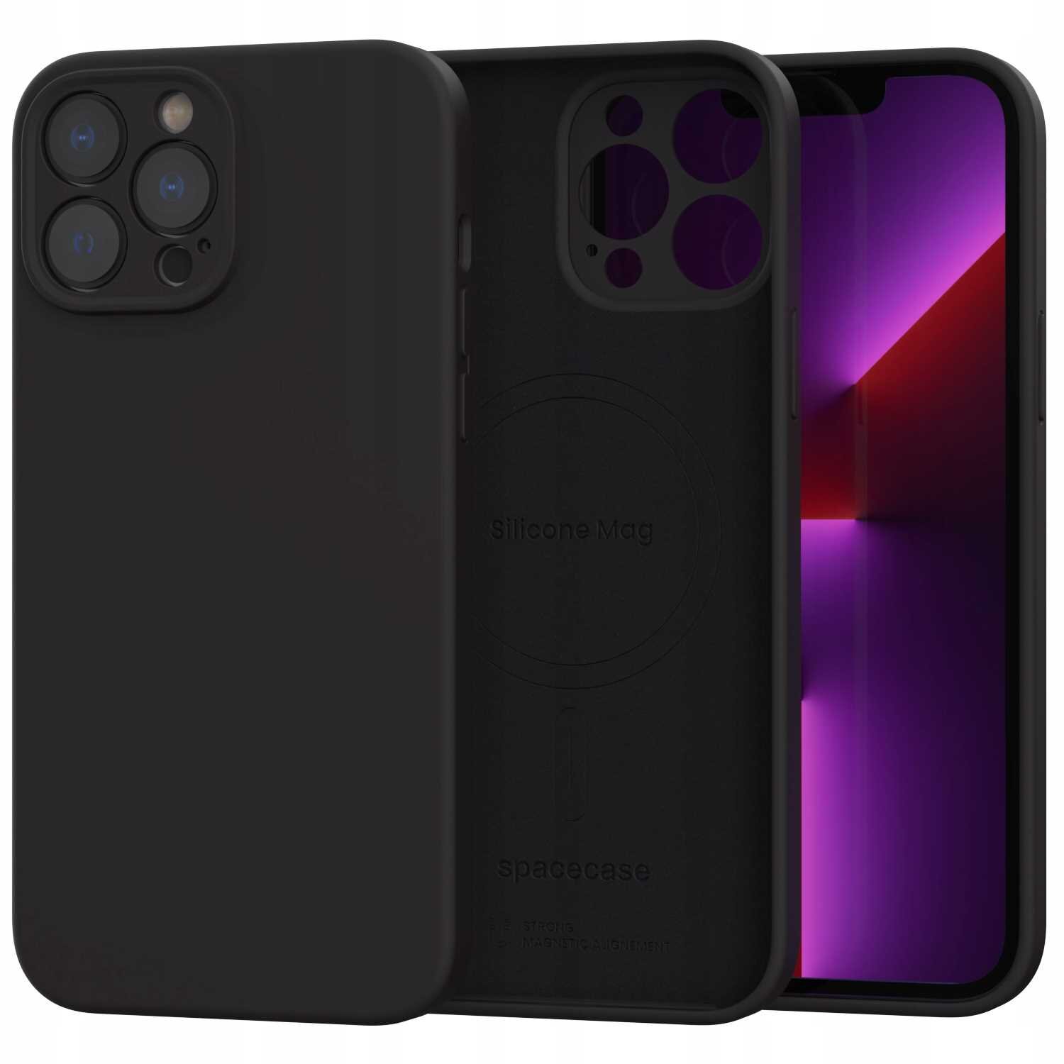 Czarne silikonowe etui magnetyczne na telefon z widocznymi wycięciami na aparat i logo \'Silicone Mag\' oraz \'spacecase\'.