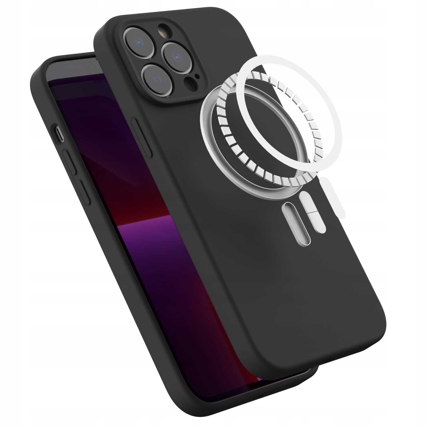 Czarne silikonowe etui magnetyczne na telefon z widocznymi wycięciami na aparat i przyciski. Obok etui znajduje się schematyczny rysunek przedstawiający magnetyczny pierścień.