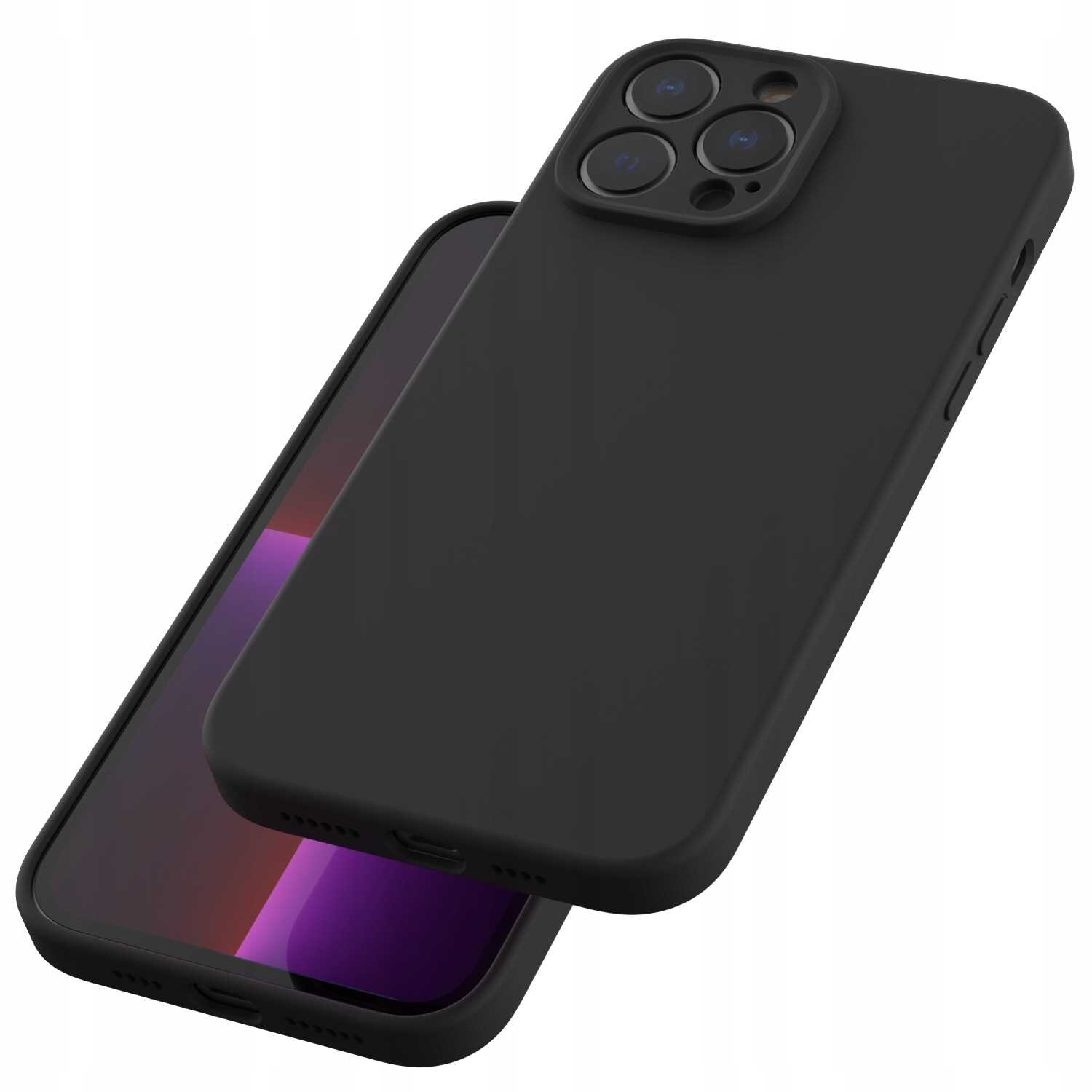 Czarne silikonowe etui na telefon z trzema otworami na aparaty fotograficzne. Etui jest dopasowane do kształtu telefonu i posiada wycięcia na porty oraz przyciski.