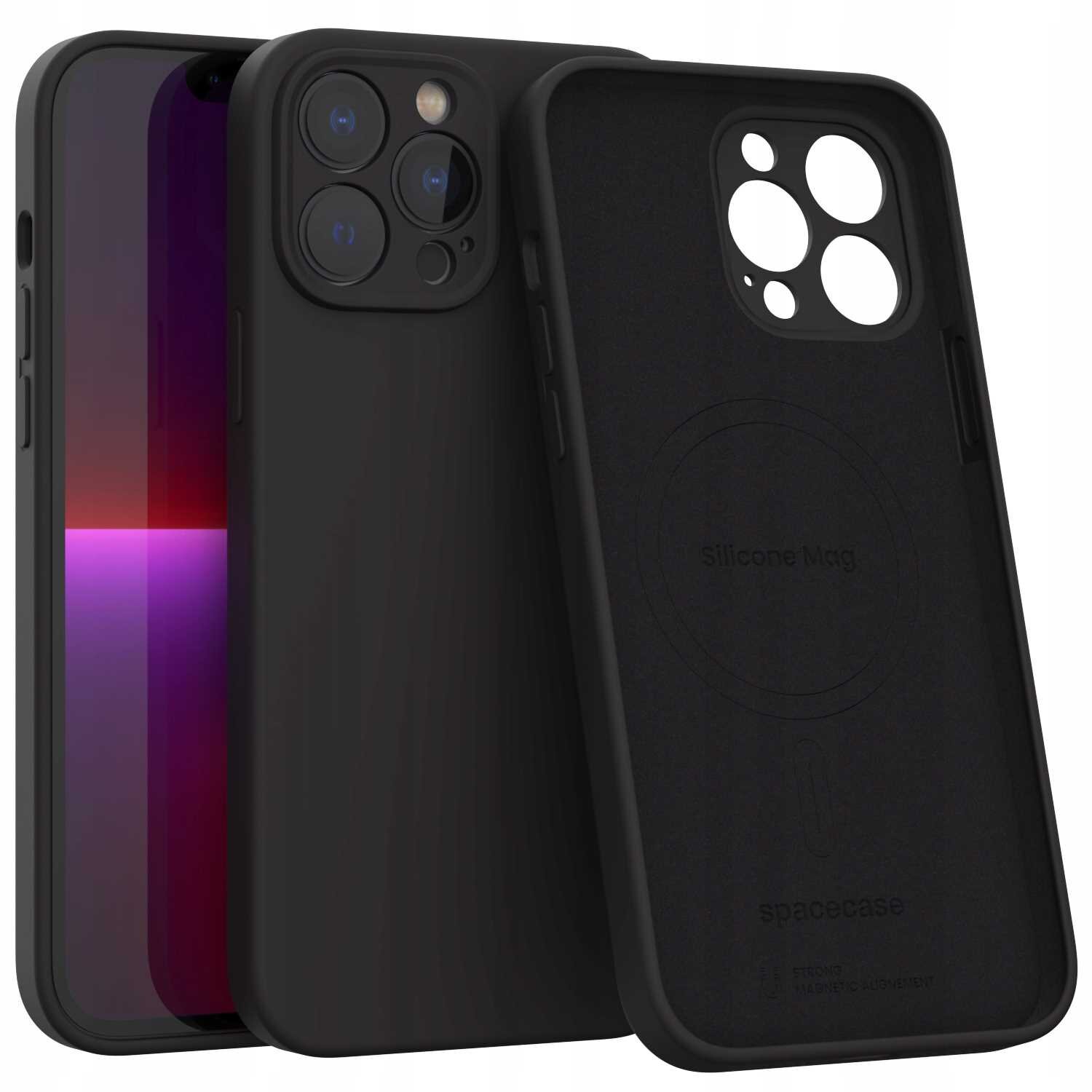 Czarne silikonowe etui magnetyczne z wycięciami na aparat i logo \'spacecase\' oraz napisem \'Silicone Mag\'. Obok etui widoczny jest telefon z wyświetlaczem w odcieniach fioletu i czerwieni.