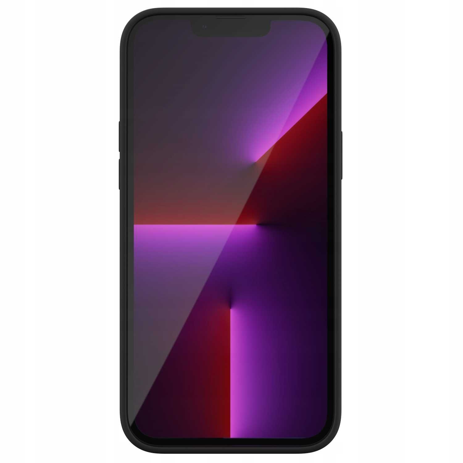 Smartfon z wyświetlaczem pokazującym abstrakcyjny wzór w odcieniach fioletu i czerwieni, otoczony czarnym etui. Ekran ma wycięcie na górze na kamerę i czujniki.