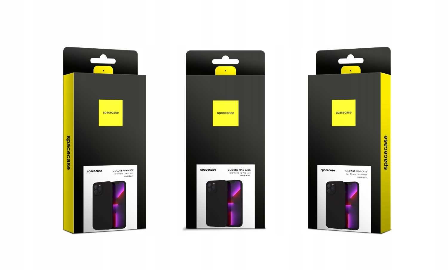 Trzy opakowania produktu z logo \'spacecase\' na żółtym tle, zawierające silikonowe etui na telefon z widocznym zdjęciem etui w kolorze czarnym. Na opakowaniu znajduje się napis \'SILICONE MAG CASE\'.